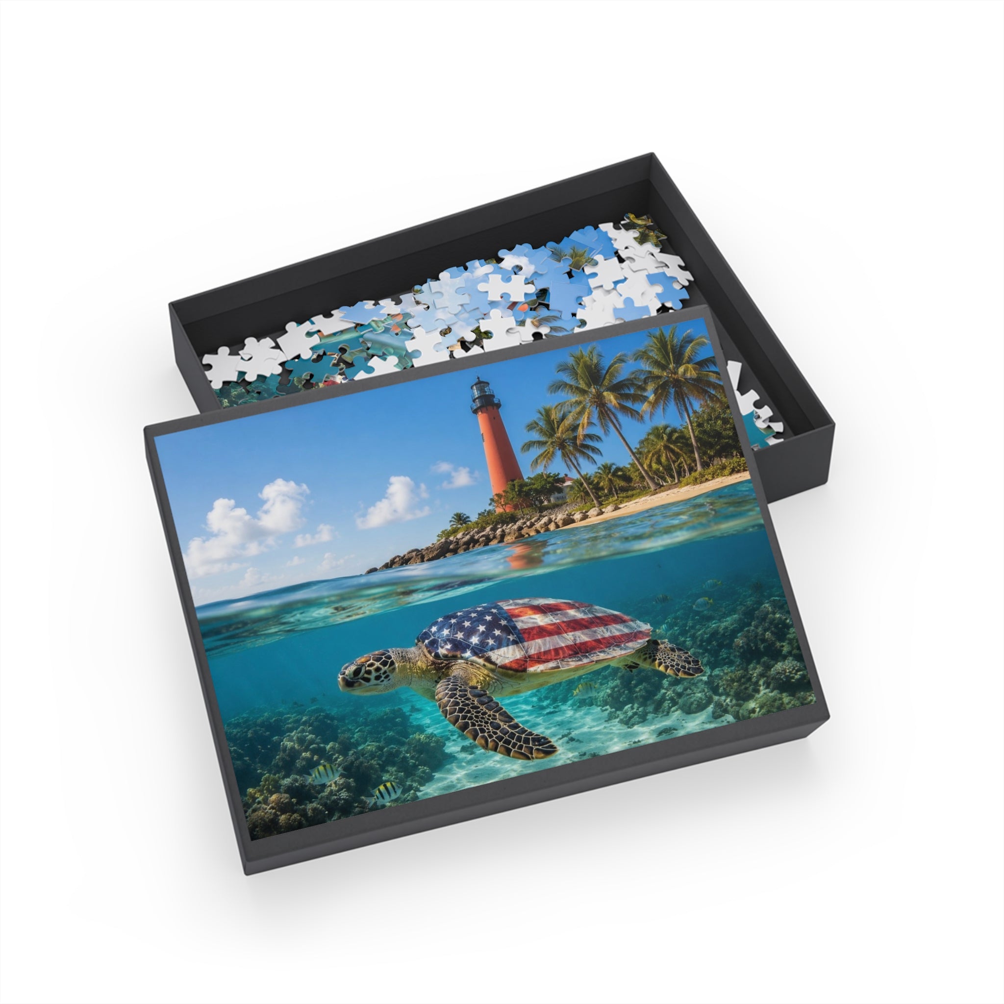 American Flag Sea Turtle Puzzle | Lighthouse Beach Ocean Jigsaw