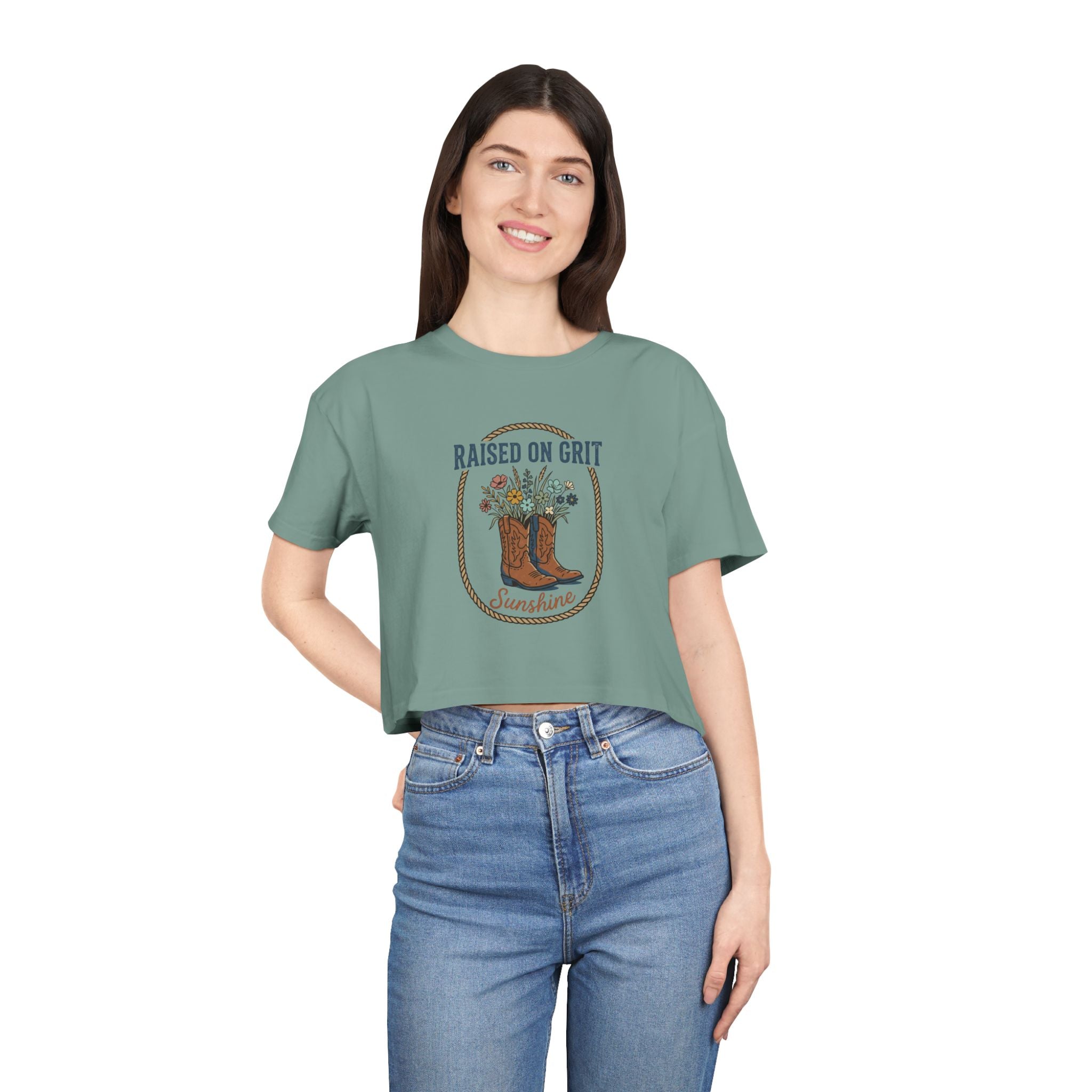 Raised on Grit Sunshine cowboy boots floral graphic Crop Tee | Western farmhouse style