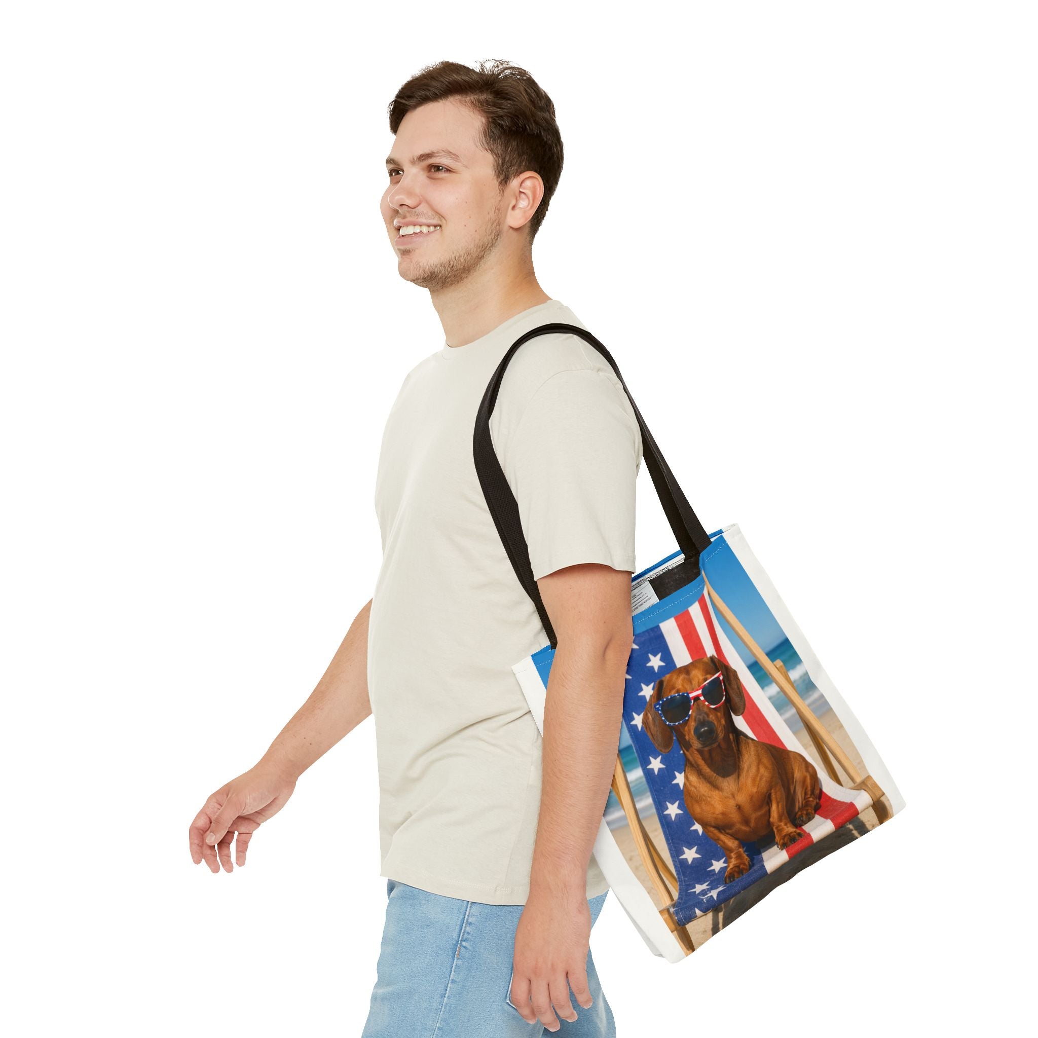 Patriotic Dachshund Tote Bag — 4th of July Beach Dog Tote with American Flag Sunglasses