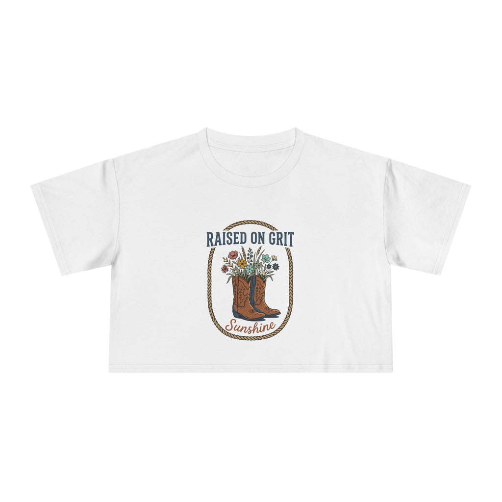 Raised on Grit Sunshine cowboy boots floral graphic Crop Tee | Western farmhouse style