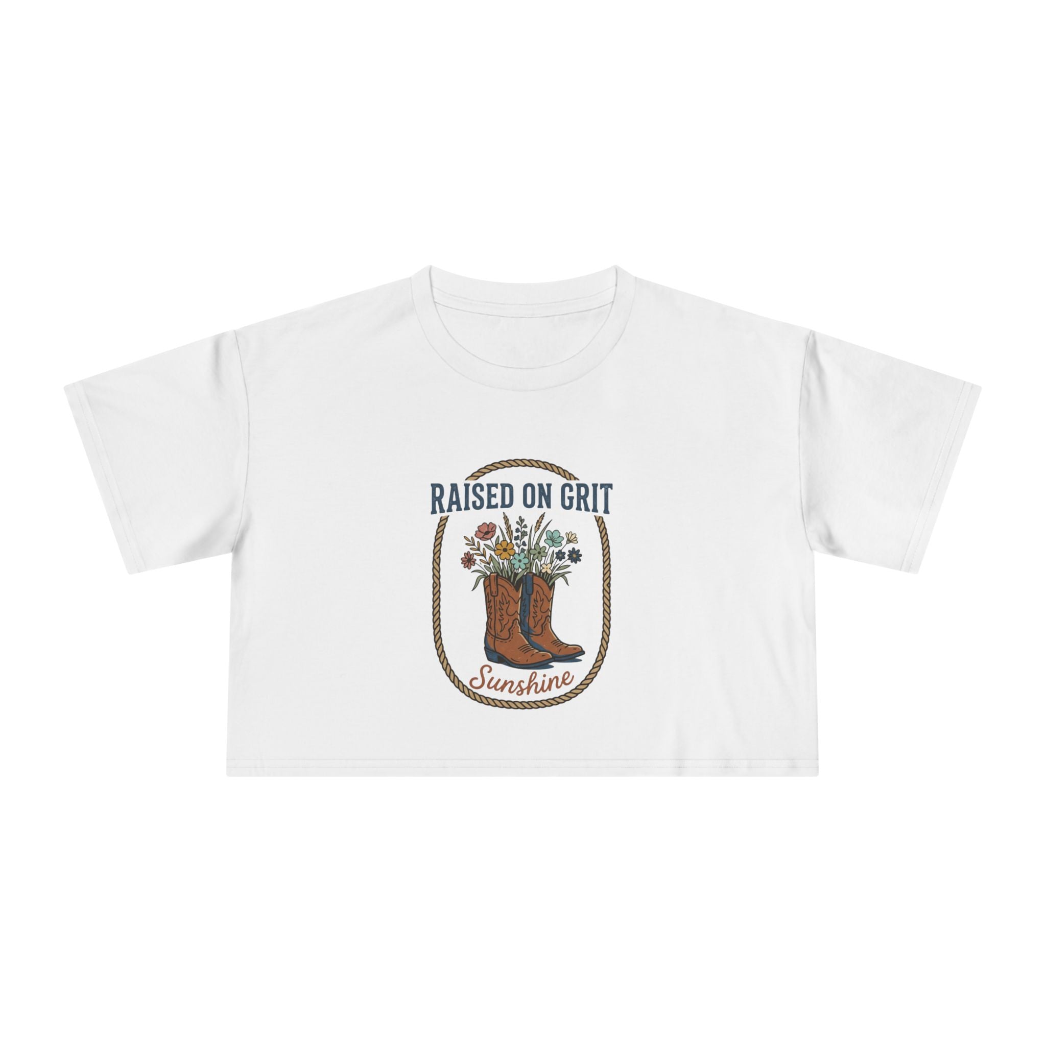 Raised on Grit Sunshine cowboy boots floral graphic Crop Tee | Western farmhouse style