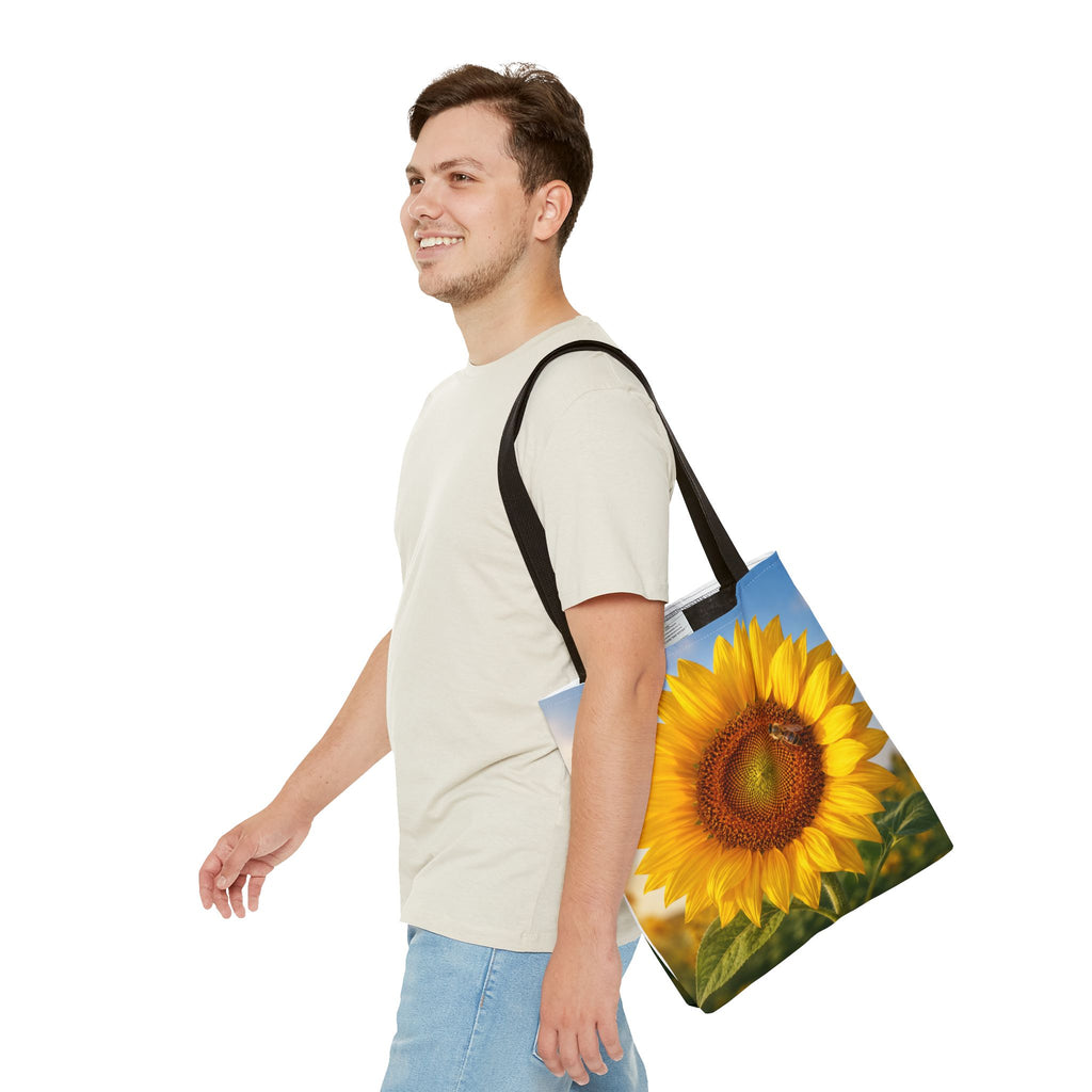 Sunflower with Bee Tote Bag, Sunflower Lovers Gift, Sunflower Grocery Bag, Beach Bag, Bright Floral Nature Print