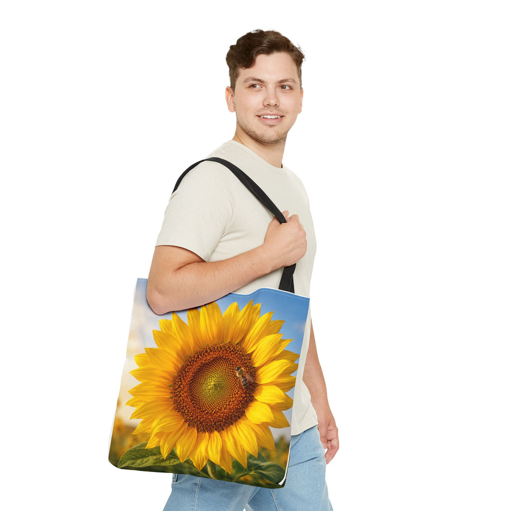 Sunflower with Bee Tote Bag, Sunflower Lovers Gift, Sunflower Grocery Bag, Beach Bag, Bright Floral Nature Print