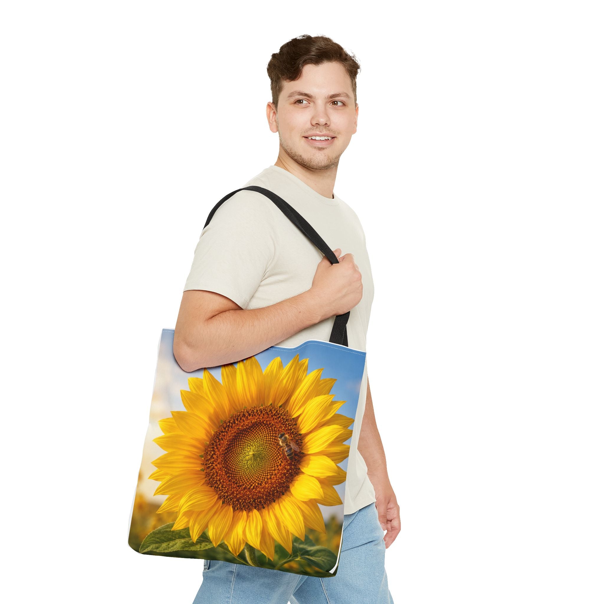 Sunflower with Bee Tote Bag, Sunflower Lovers Gift, Sunflower Grocery Bag, Beach Bag, Bright Floral Nature Print