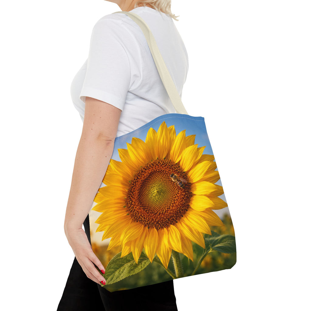 Sunflower with Bee Tote Bag, Sunflower Lovers Gift, Sunflower Grocery Bag, Beach Bag, Bright Floral Nature Print