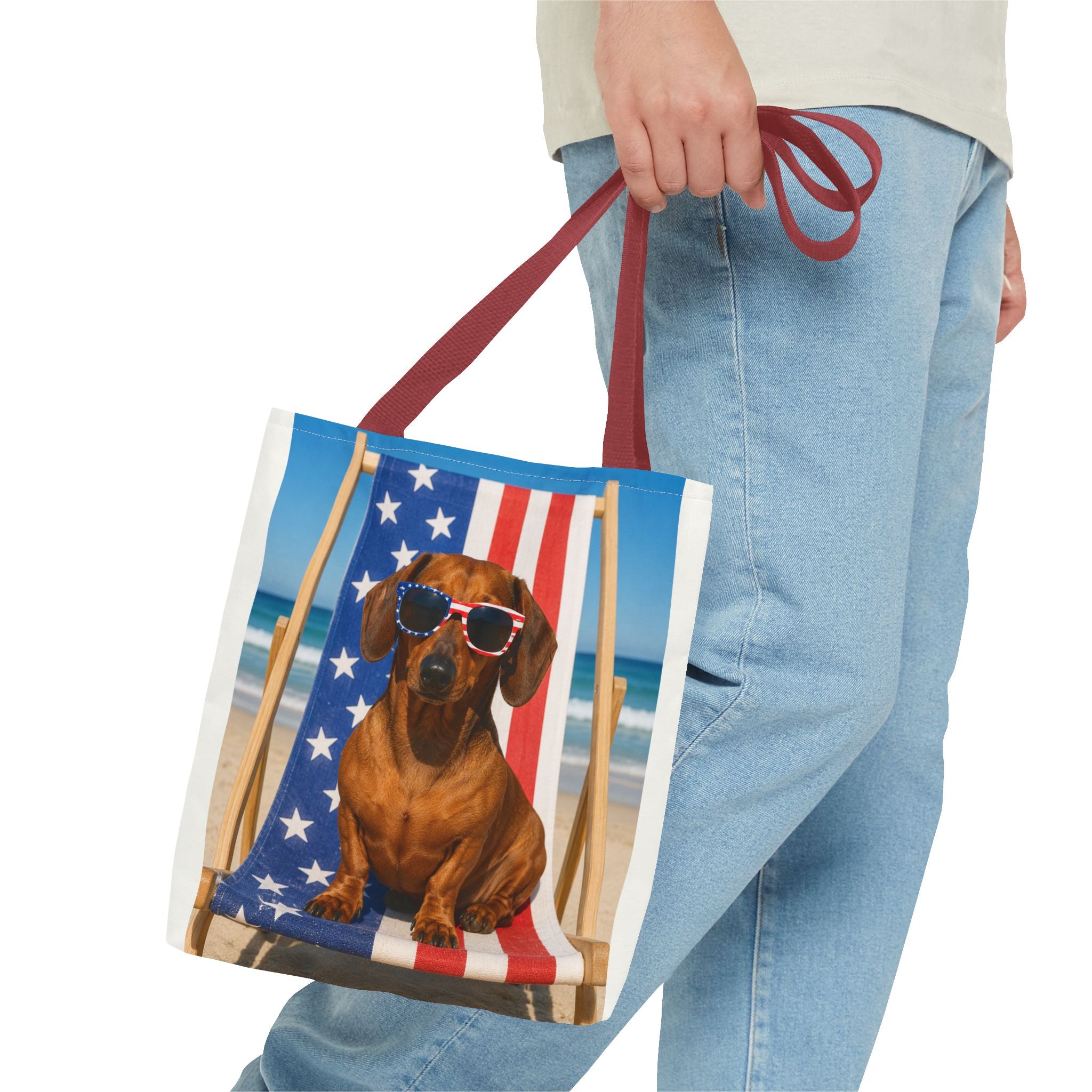 Patriotic Dachshund Tote Bag — 4th of July Beach Dog Tote with American Flag Sunglasses