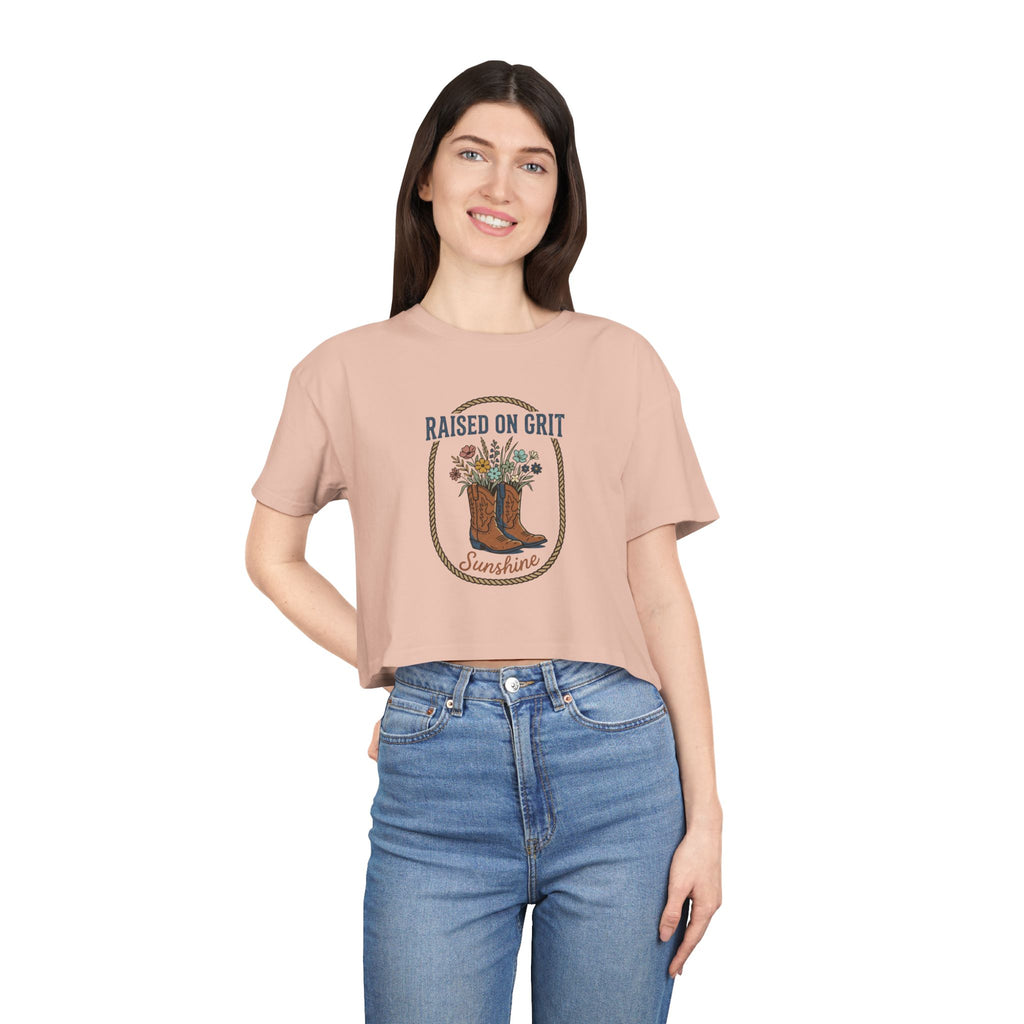 Raised on Grit Sunshine cowboy boots floral graphic Crop Tee | Western farmhouse style