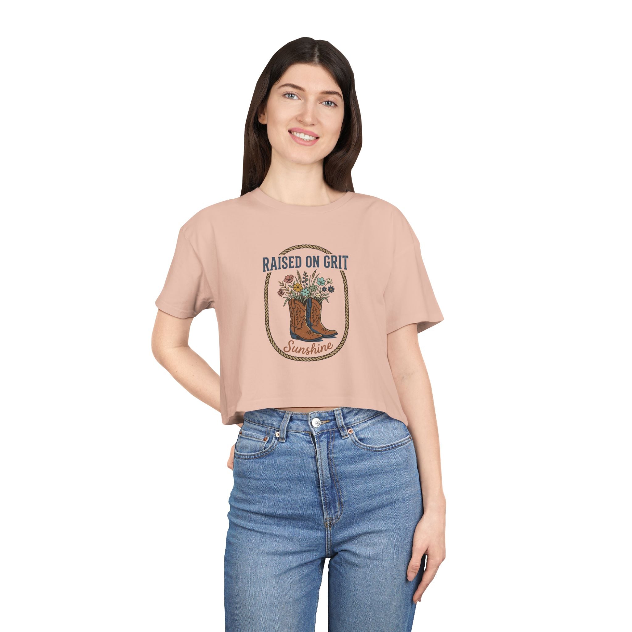 Raised on Grit Sunshine cowboy boots floral graphic Crop Tee | Western farmhouse style