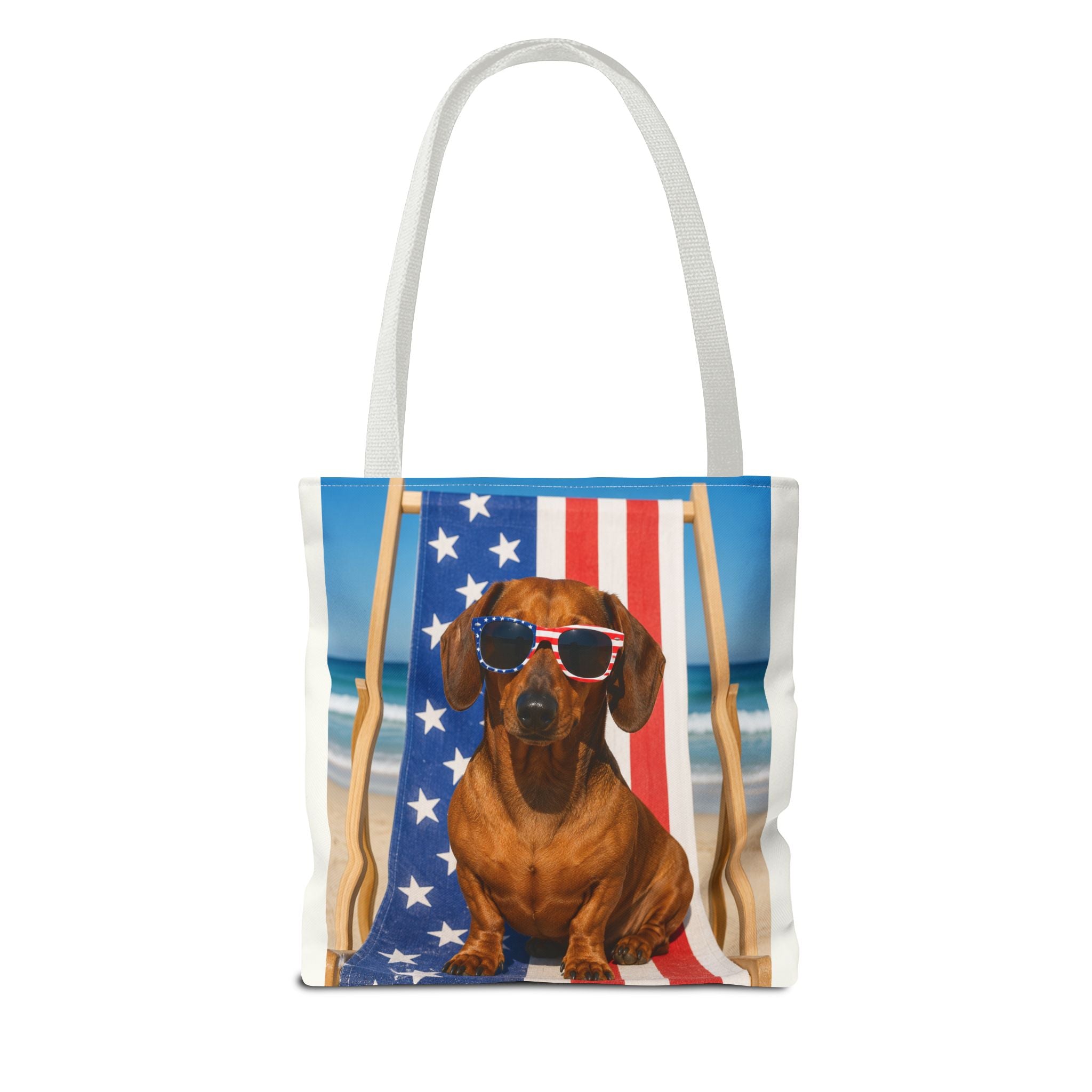 Patriotic Dachshund Tote Bag — 4th of July Beach Dog Tote with American Flag Sunglasses
