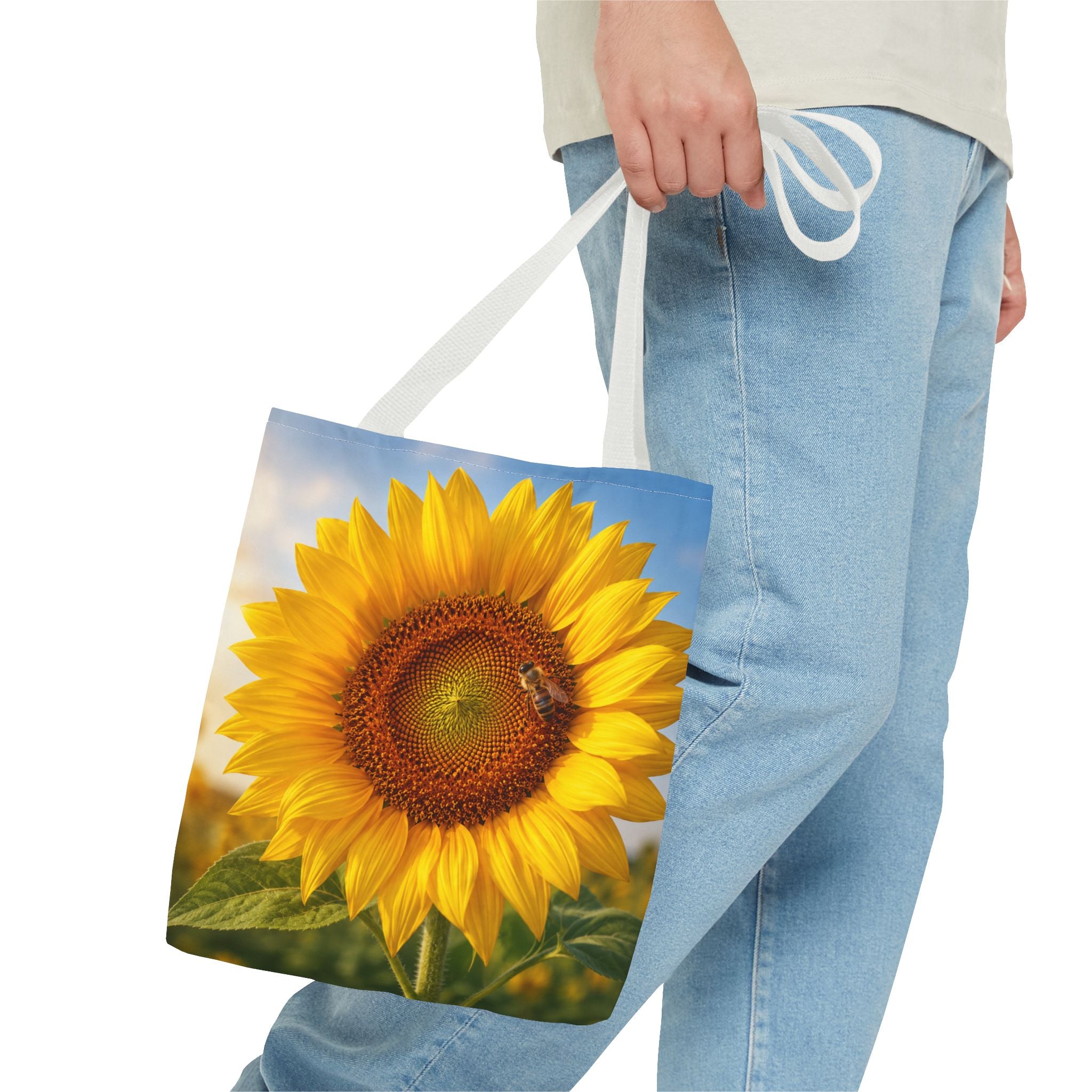 Sunflower with Bee Tote Bag, Sunflower Lovers Gift, Sunflower Grocery Bag, Beach Bag, Bright Floral Nature Print