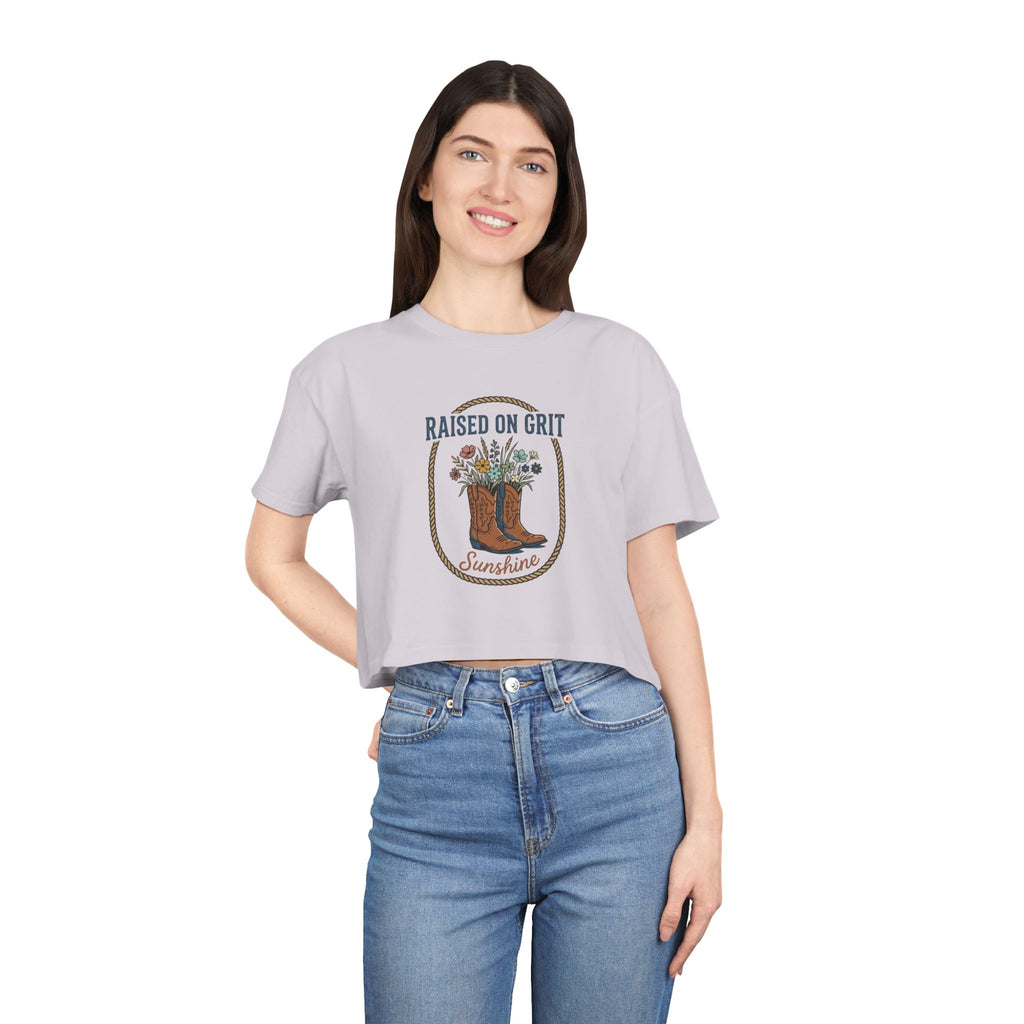 Raised on Grit Sunshine cowboy boots floral graphic Crop Tee | Western farmhouse style