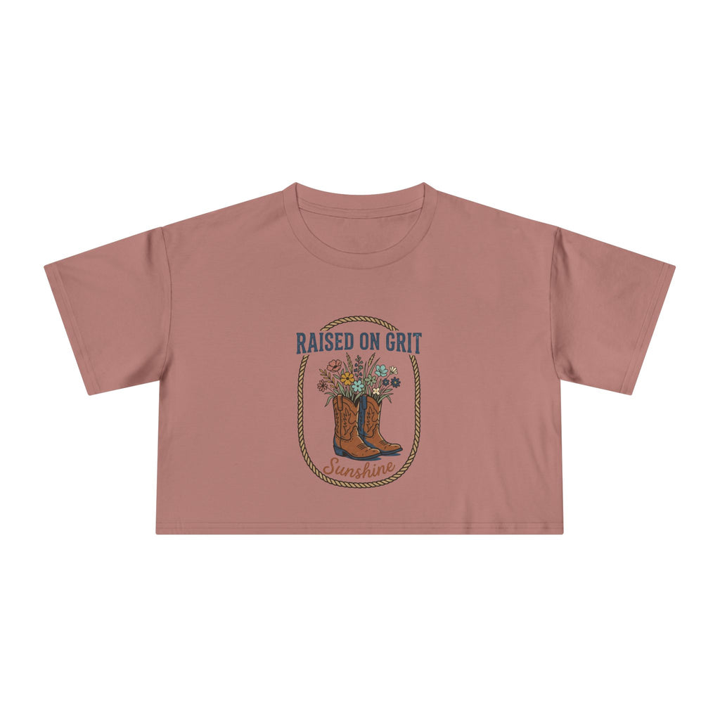 Raised on Grit Sunshine cowboy boots floral graphic Crop Tee | Western farmhouse style