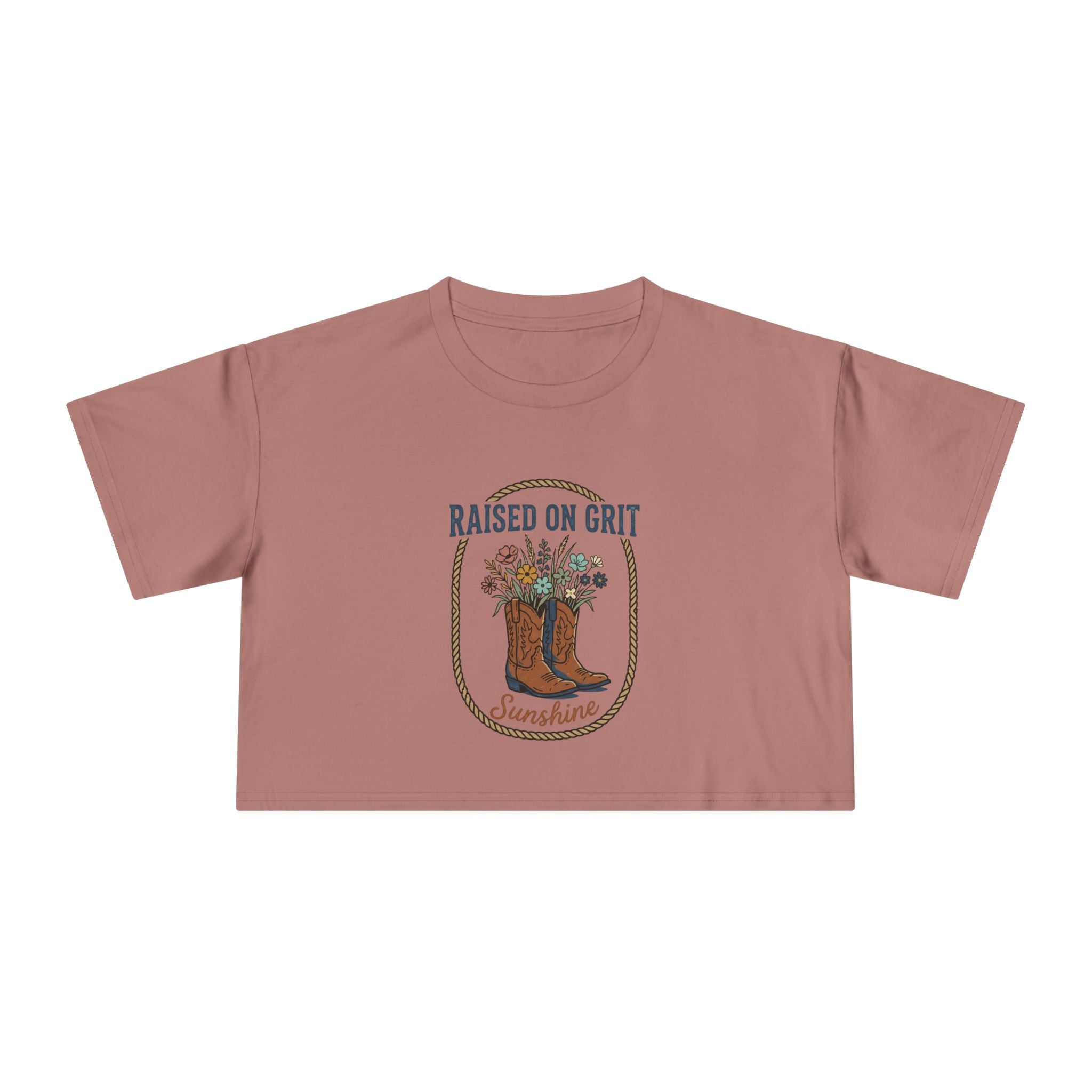 Raised on Grit Sunshine cowboy boots floral graphic Crop Tee | Western farmhouse style