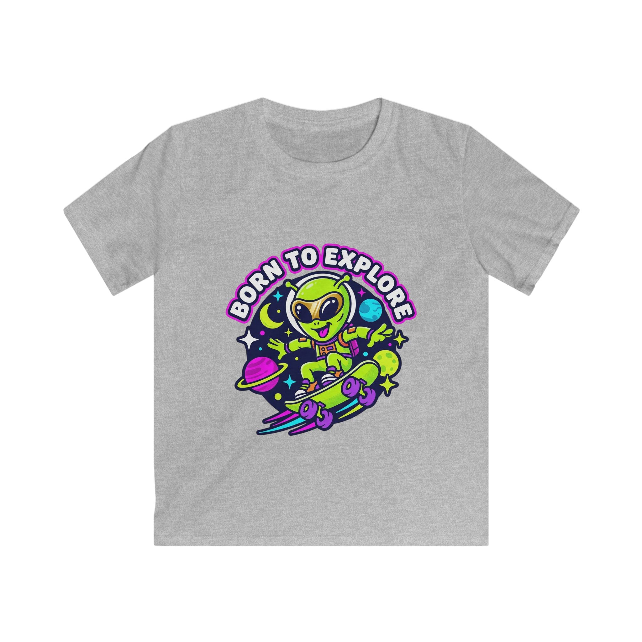 Born to Explore Alien Skateboard Kids Tee | Space Skateboarder, Neon Planet Design