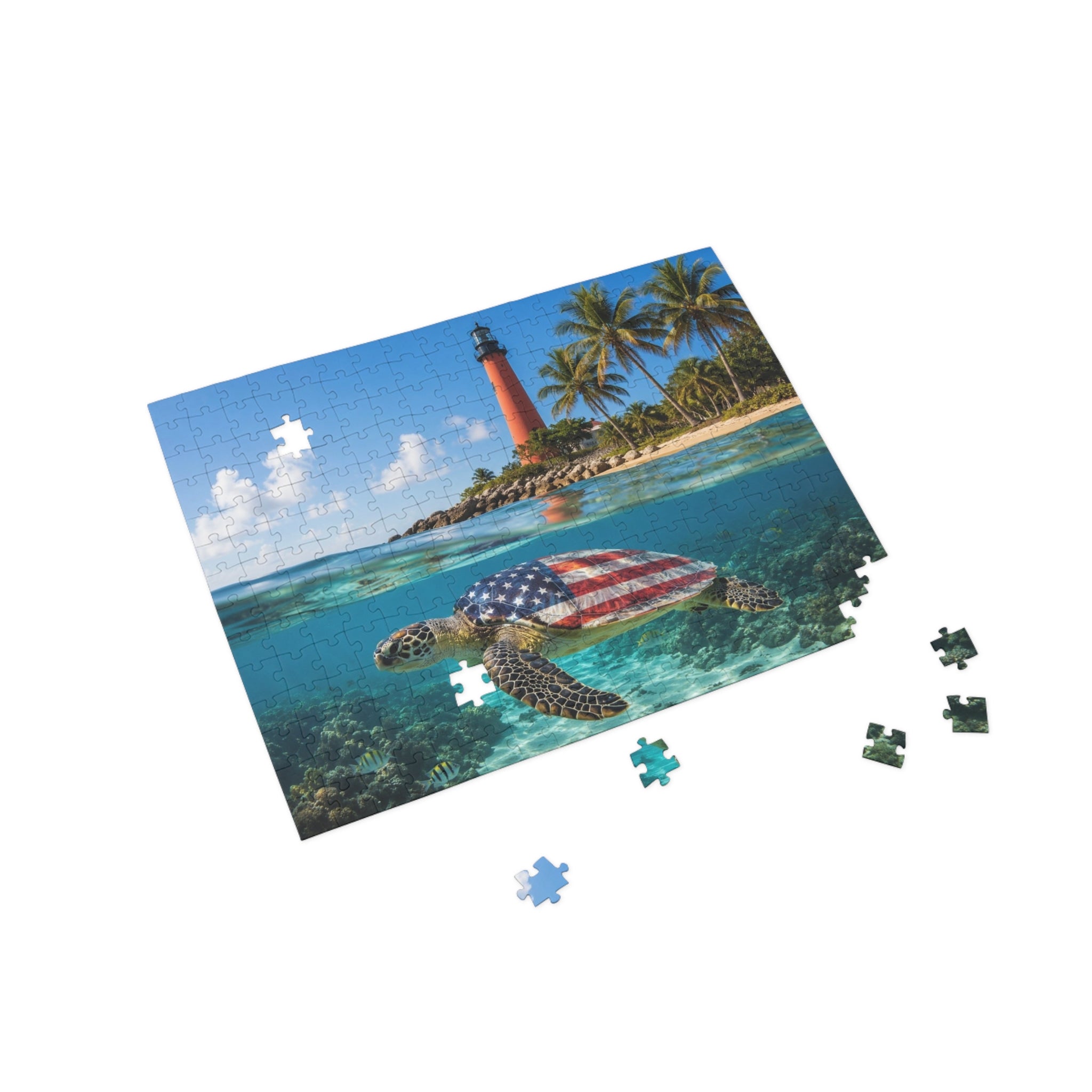 American Flag Sea Turtle Puzzle | Lighthouse Beach Ocean Jigsaw
