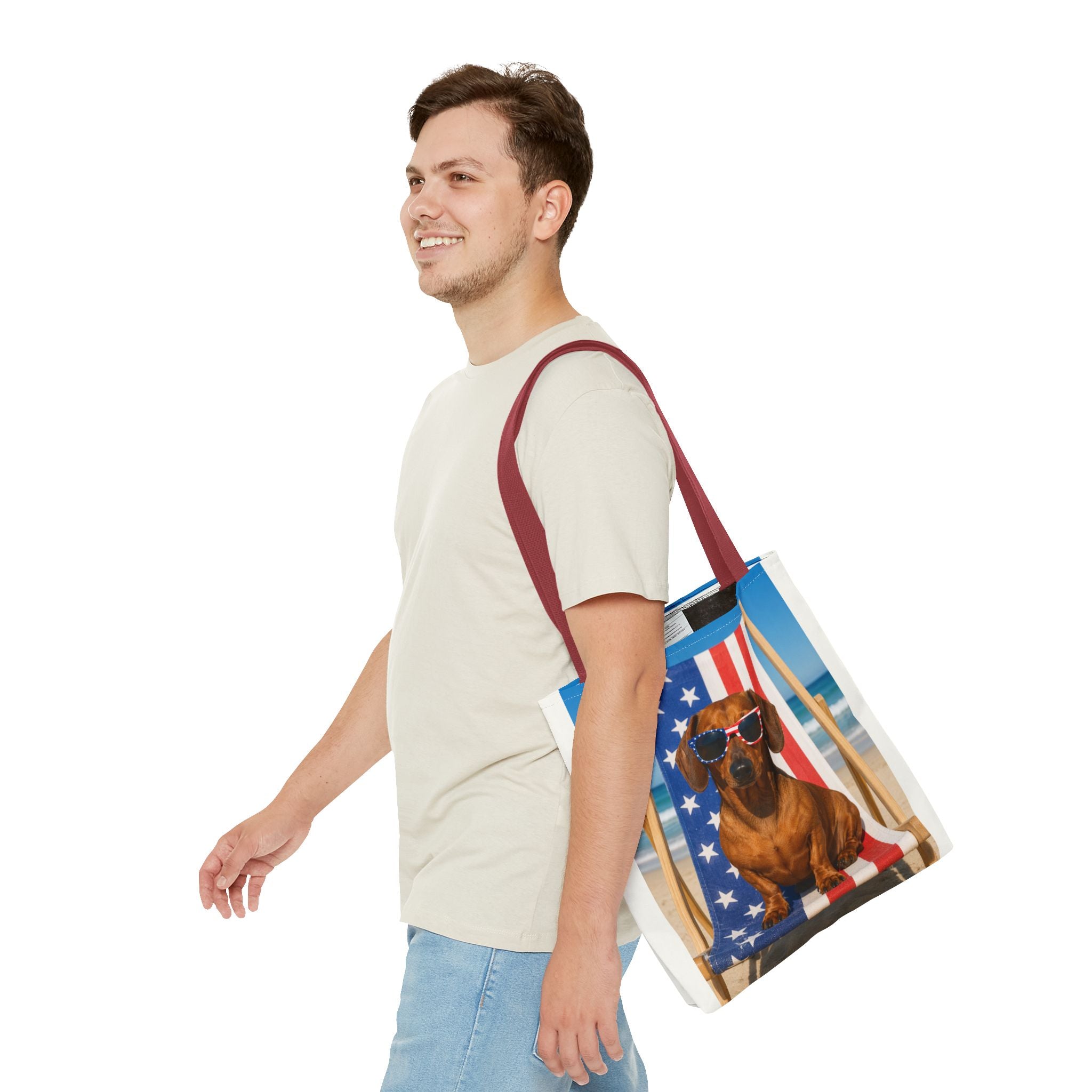 Patriotic Dachshund Tote Bag — 4th of July Beach Dog Tote with American Flag Sunglasses