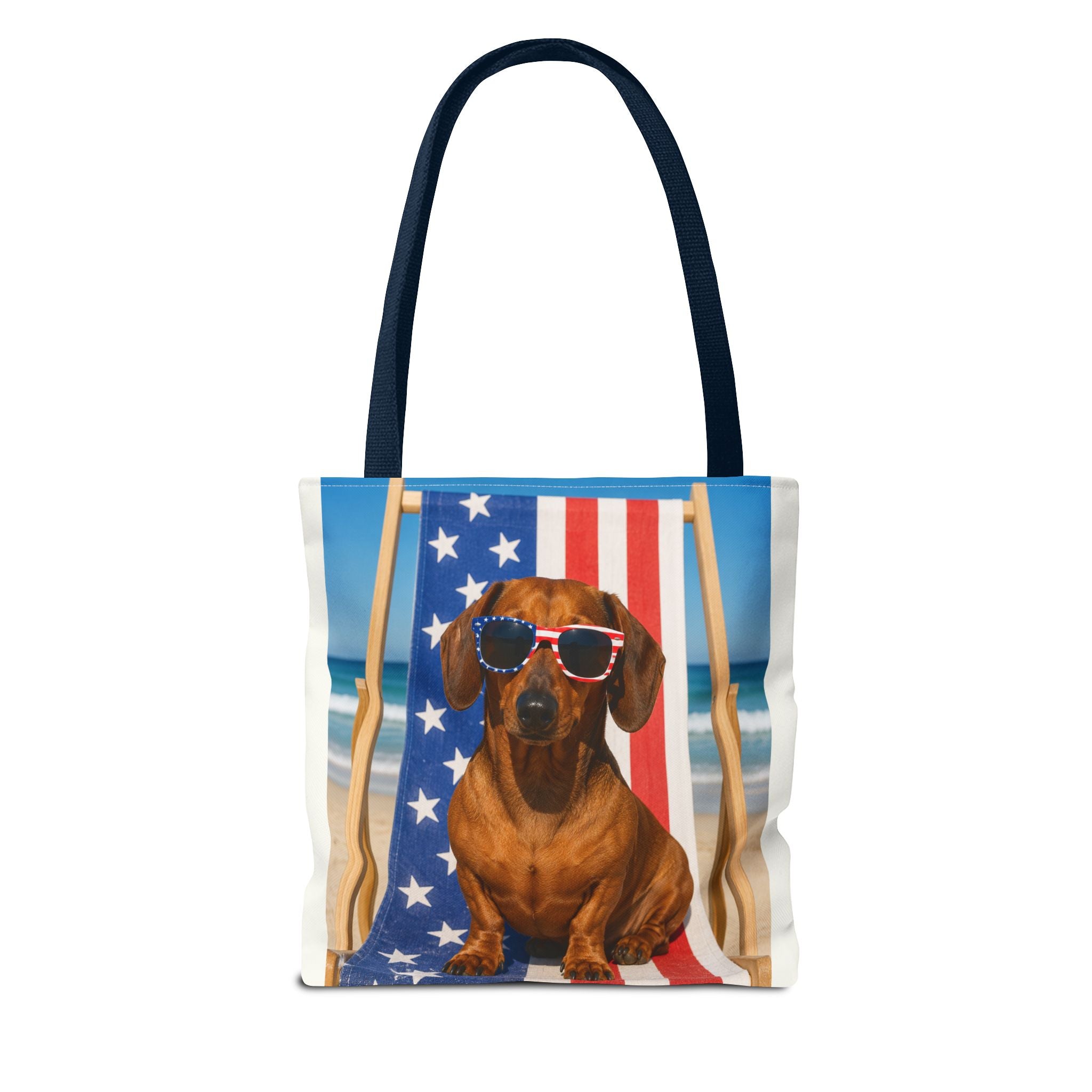 Patriotic Dachshund Tote Bag — 4th of July Beach Dog Tote with American Flag Sunglasses