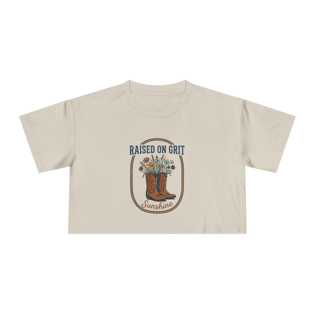 Raised on Grit Sunshine cowboy boots floral graphic Crop Tee | Western farmhouse style