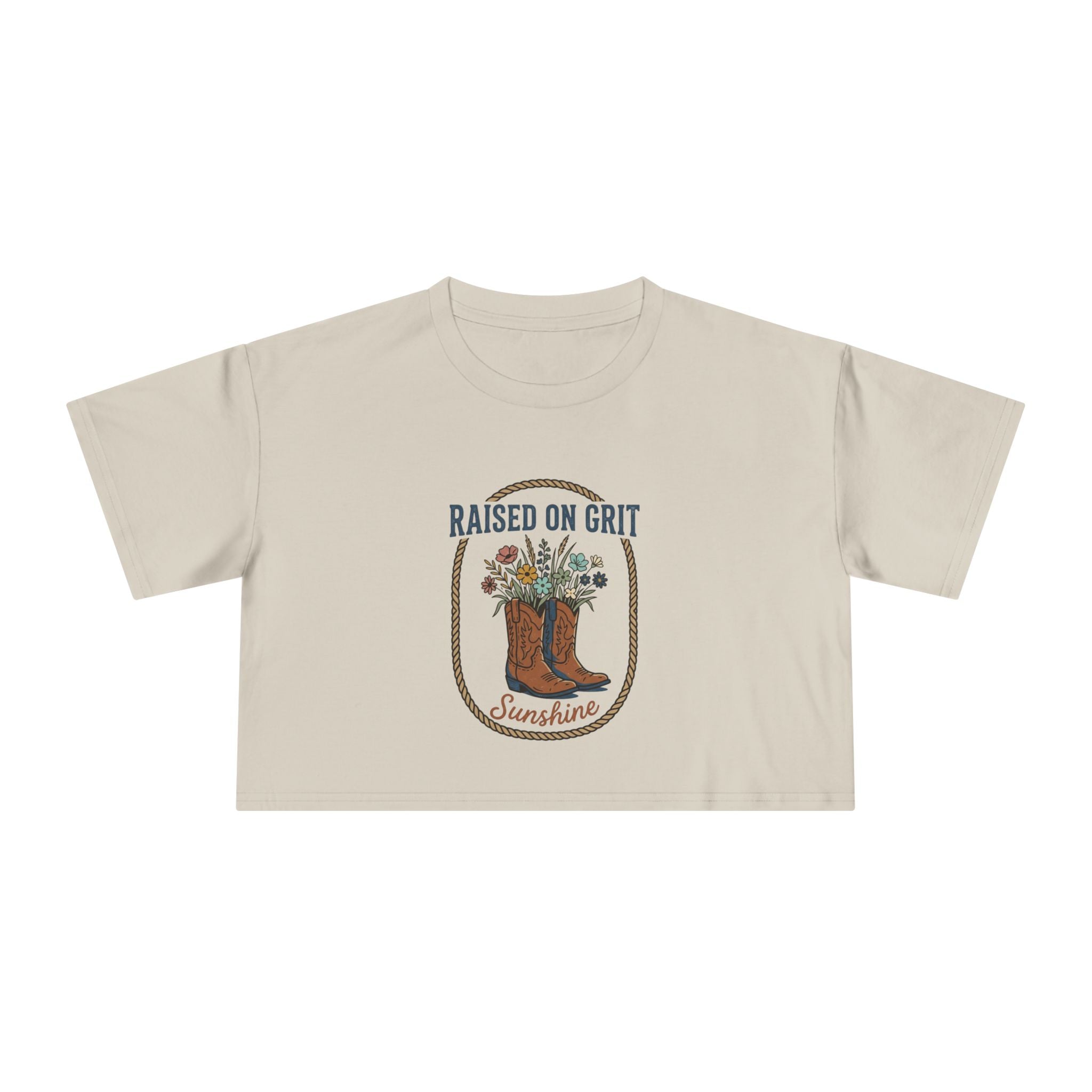 Raised on Grit Sunshine cowboy boots floral graphic Crop Tee | Western farmhouse style
