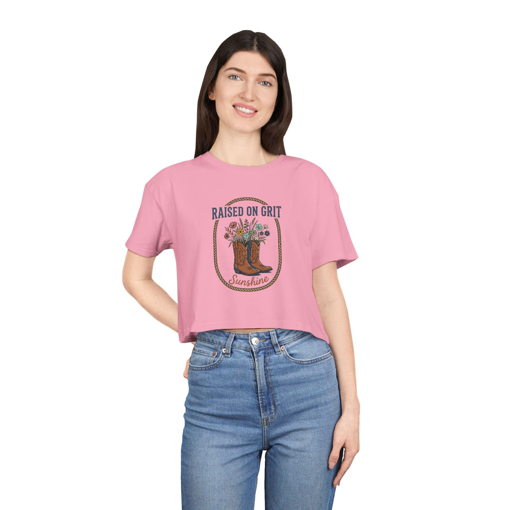 Raised on Grit Sunshine cowboy boots floral graphic Crop Tee | Western farmhouse style