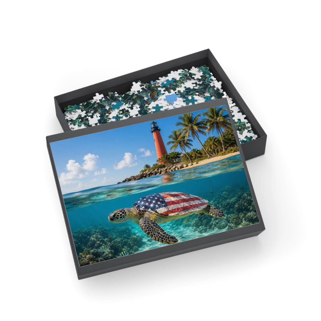 American Flag Sea Turtle Puzzle | Lighthouse Beach Ocean Jigsaw