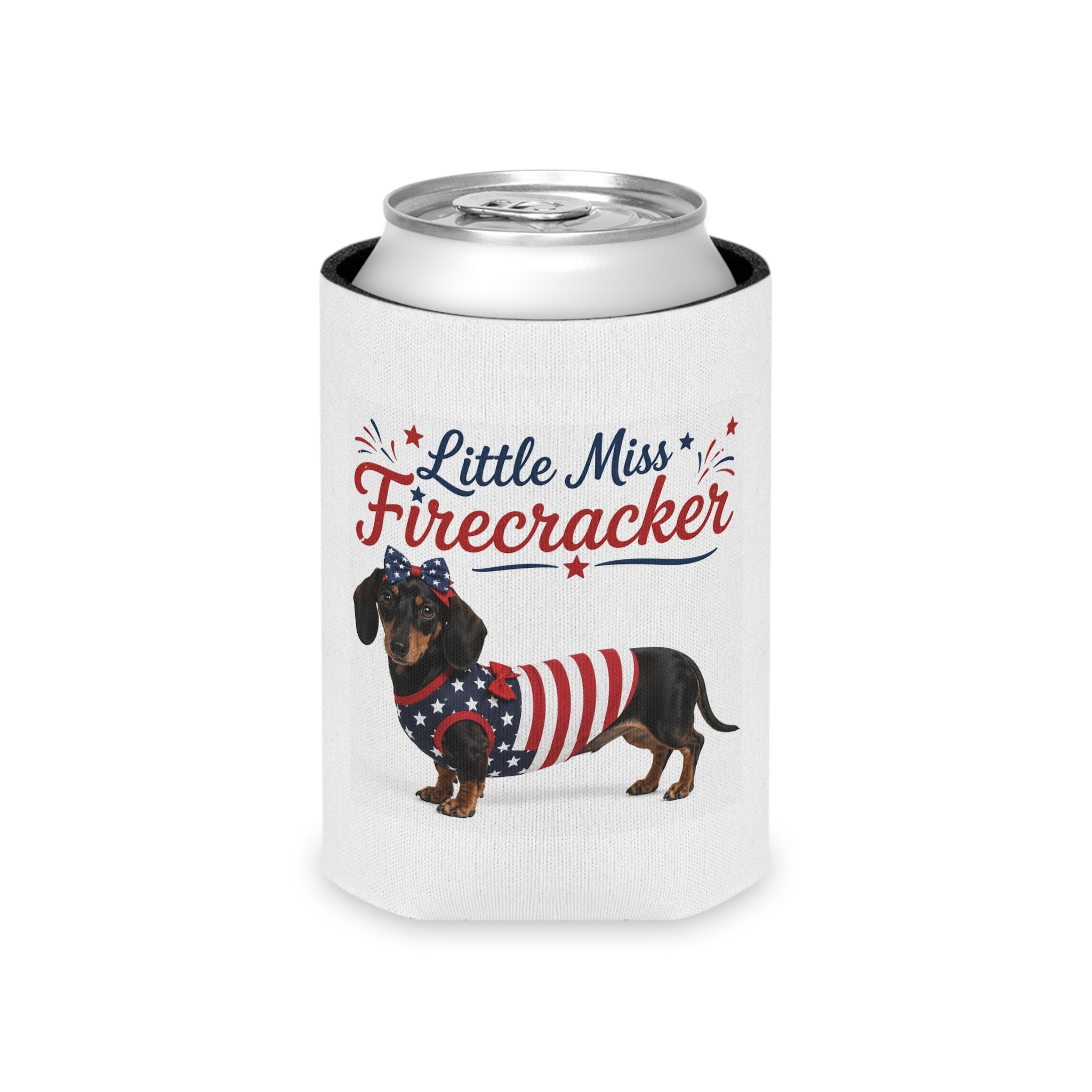 Little Miss Firecracker Can Cooler | Patriotic Dachshund, Fourth of July