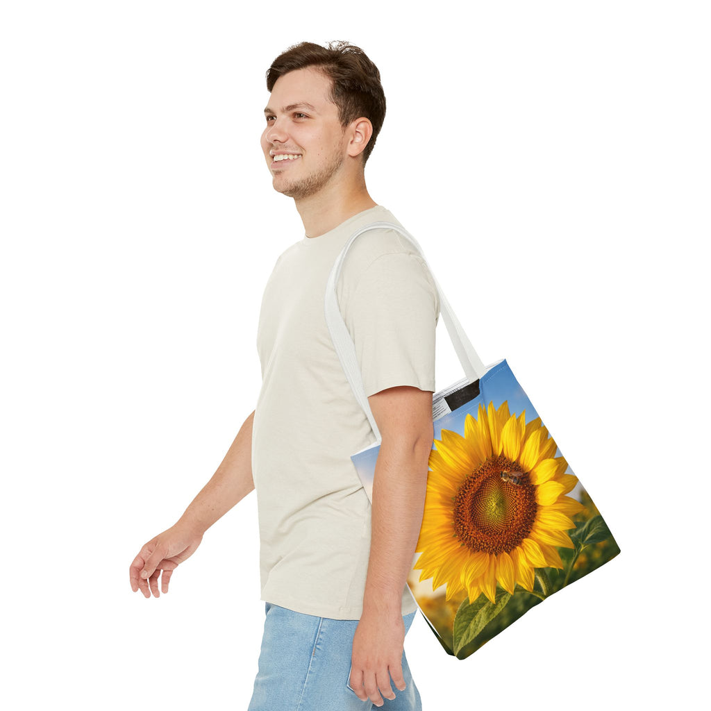 Sunflower with Bee Tote Bag, Sunflower Lovers Gift, Sunflower Grocery Bag, Beach Bag, Bright Floral Nature Print