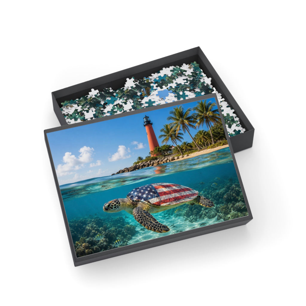American Flag Sea Turtle Puzzle | Lighthouse Beach Ocean Jigsaw