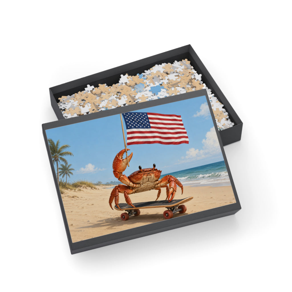 Patriotic Crab on Skateboard Puzzle, Beach Flag Jigsaw Puzzle, Beach Puzzle, Crab Gift, Family Puzzle