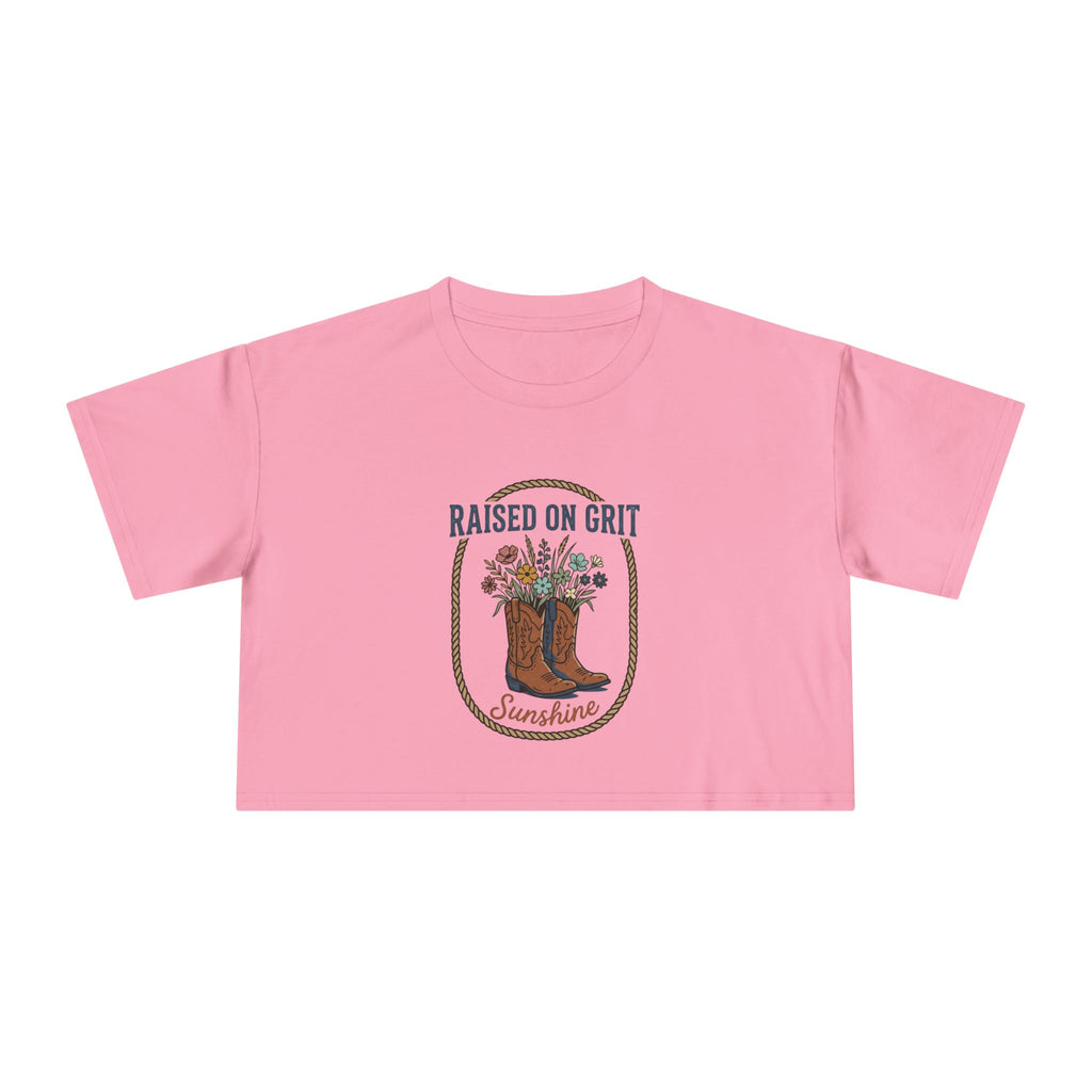 Raised on Grit Sunshine cowboy boots floral graphic Crop Tee | Western farmhouse style