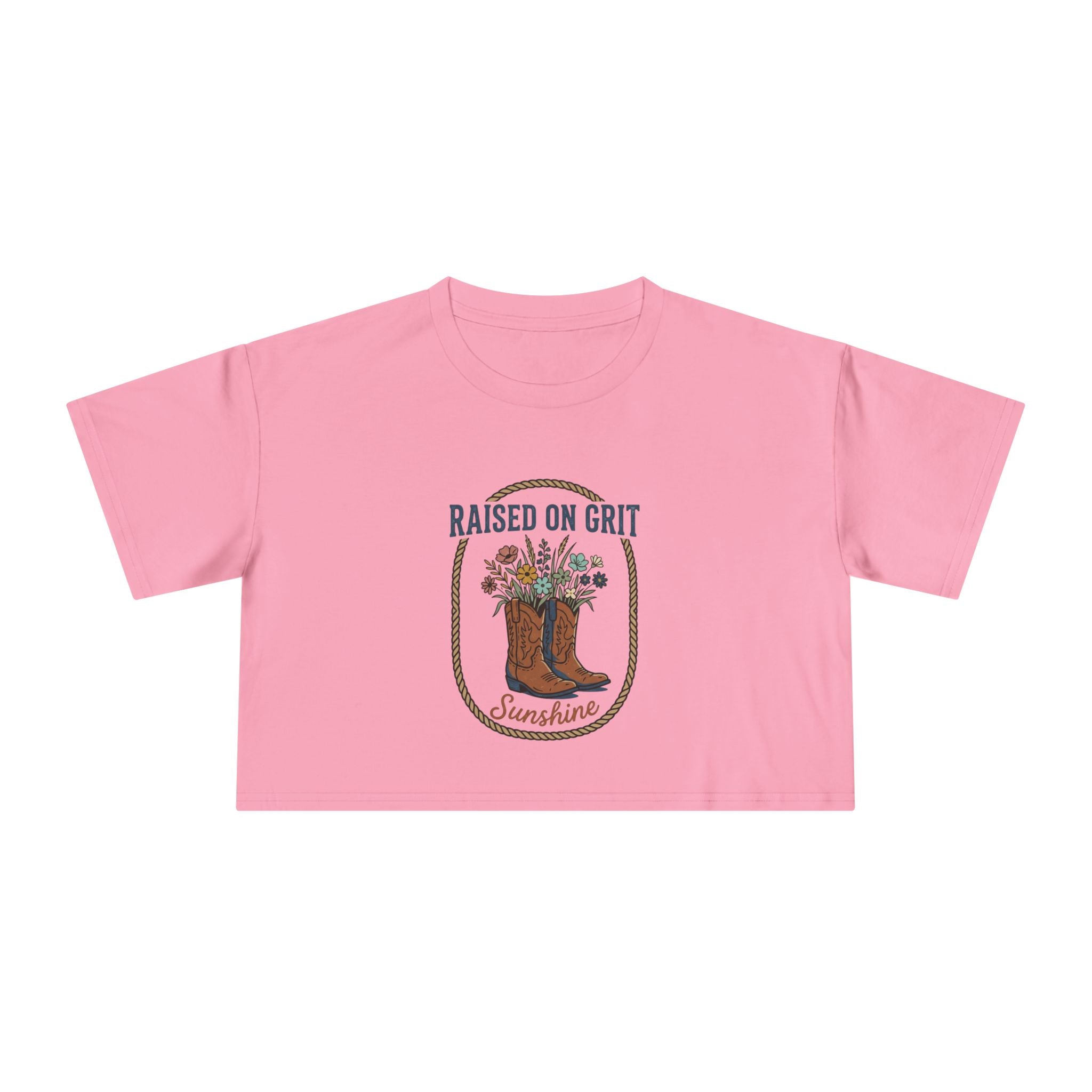 Raised on Grit Sunshine cowboy boots floral graphic Crop Tee | Western farmhouse style
