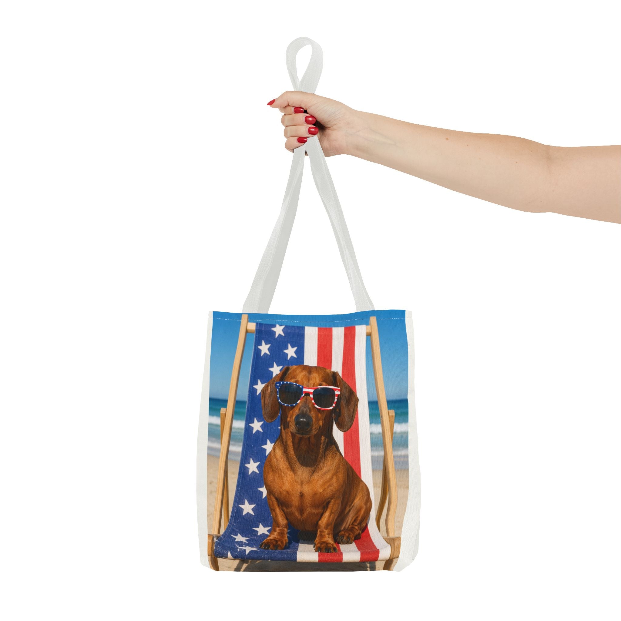 Patriotic Dachshund Tote Bag — 4th of July Beach Dog Tote with American Flag Sunglasses