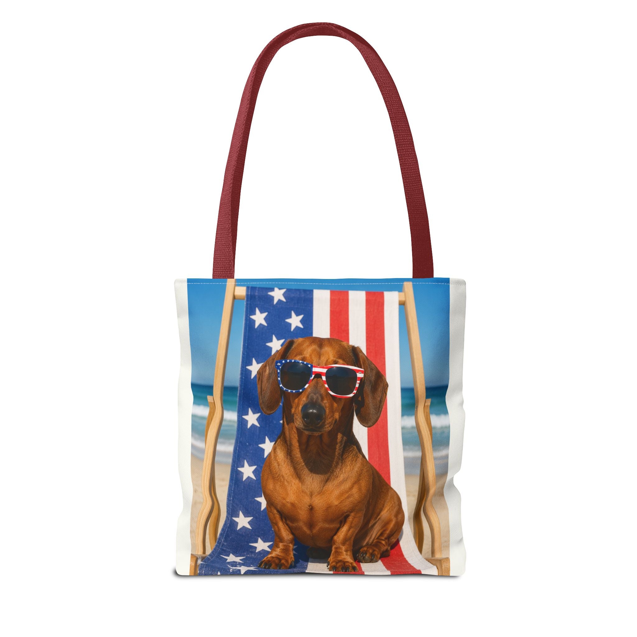 Patriotic Dachshund Tote Bag — 4th of July Beach Dog Tote with American Flag Sunglasses