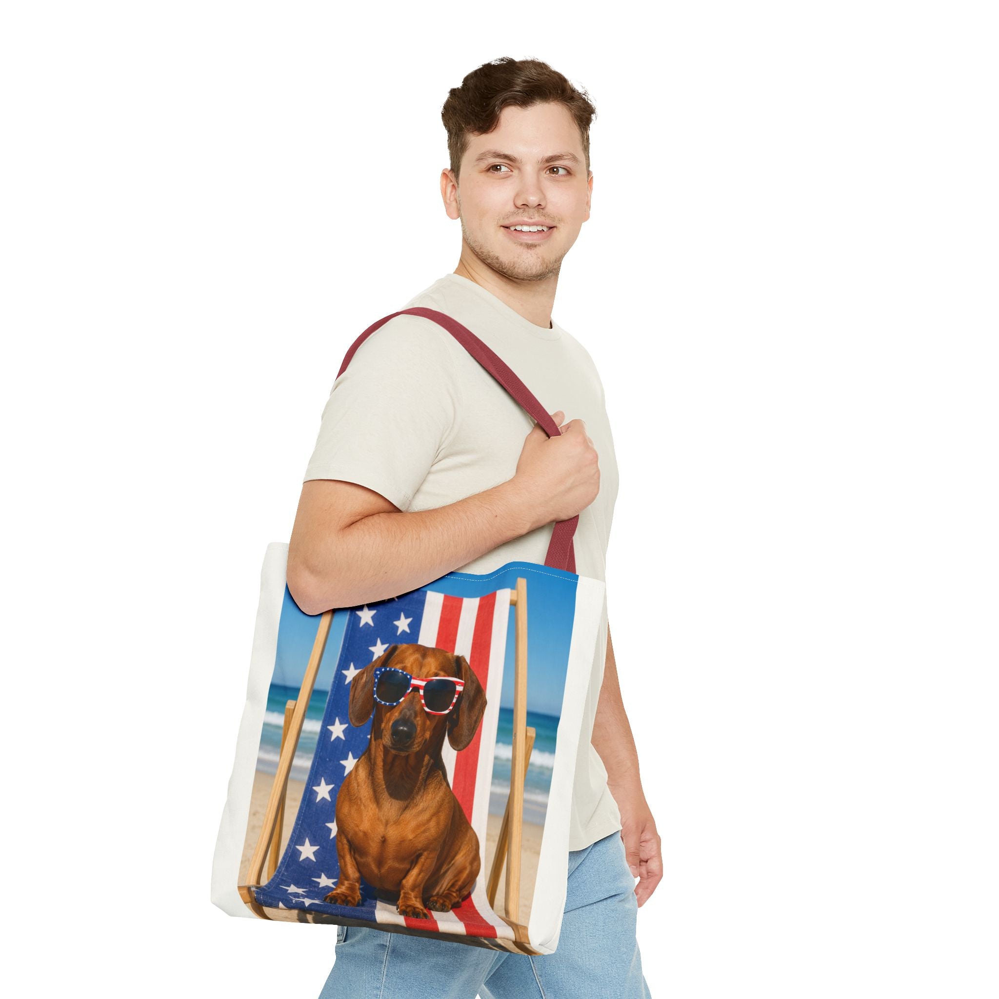 Patriotic Dachshund Tote Bag — 4th of July Beach Dog Tote with American Flag Sunglasses