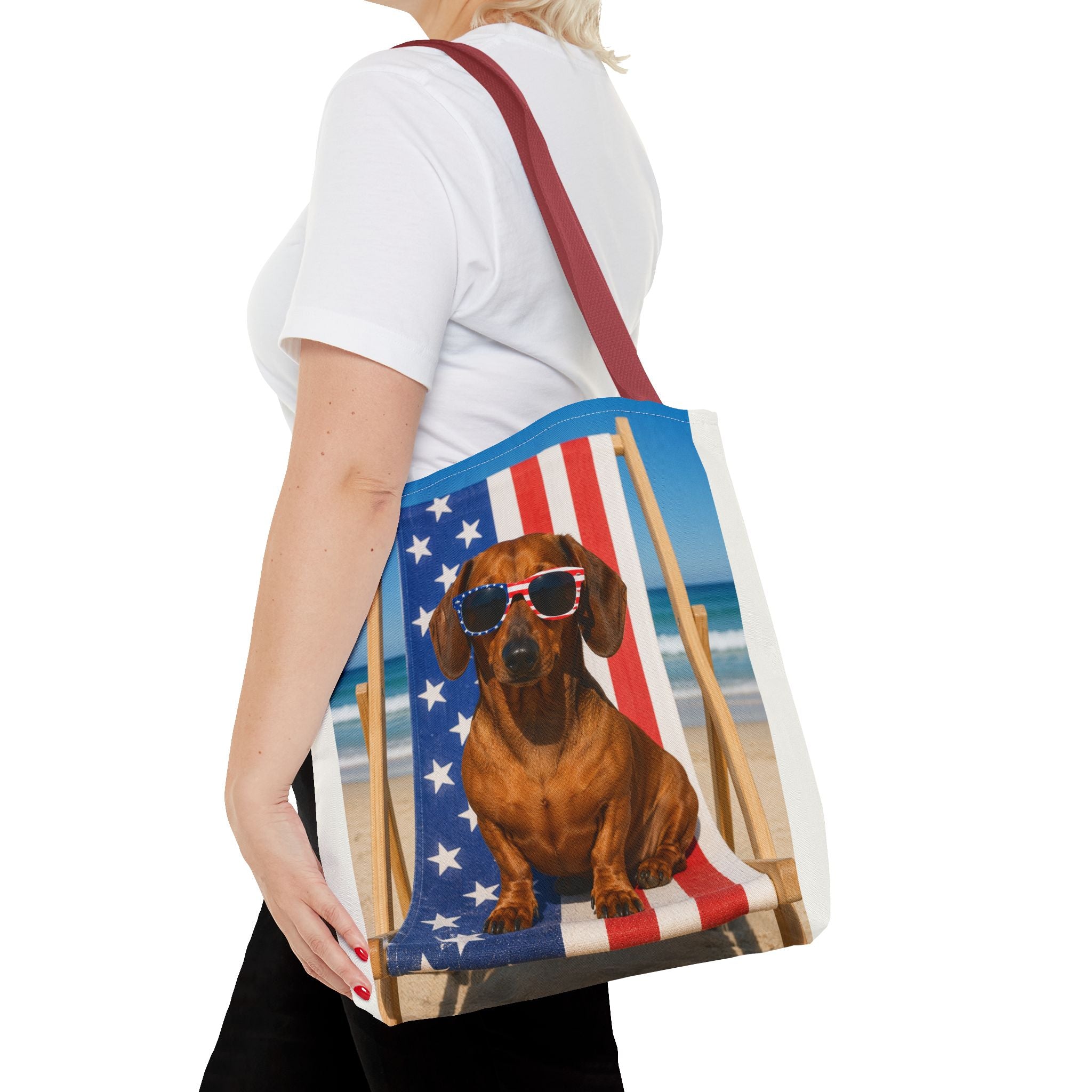Patriotic Dachshund Tote Bag — 4th of July Beach Dog Tote with American Flag Sunglasses
