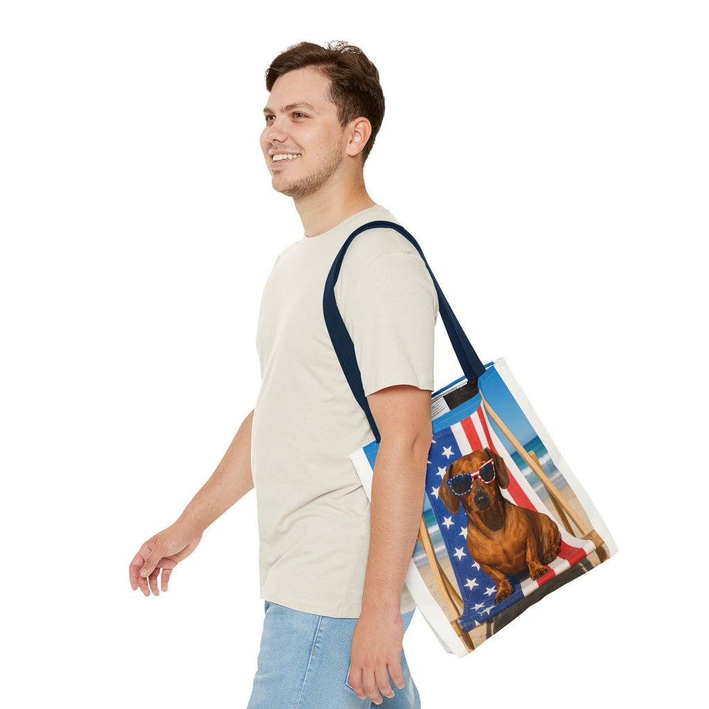 Patriotic Dachshund Tote Bag — 4th of July Beach Dog Tote with American Flag Sunglasses