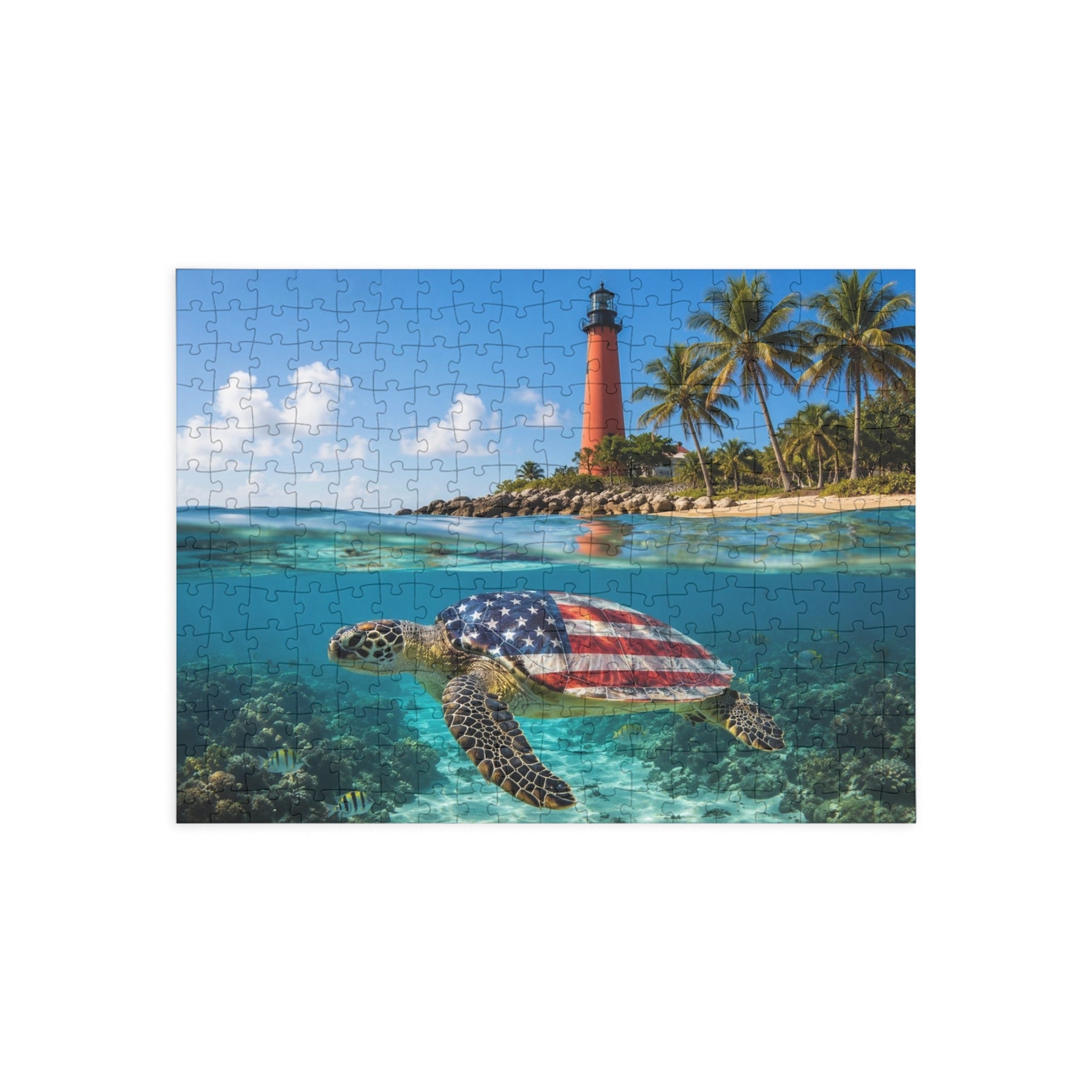 American Flag Sea Turtle Puzzle | Lighthouse Beach Ocean Jigsaw
