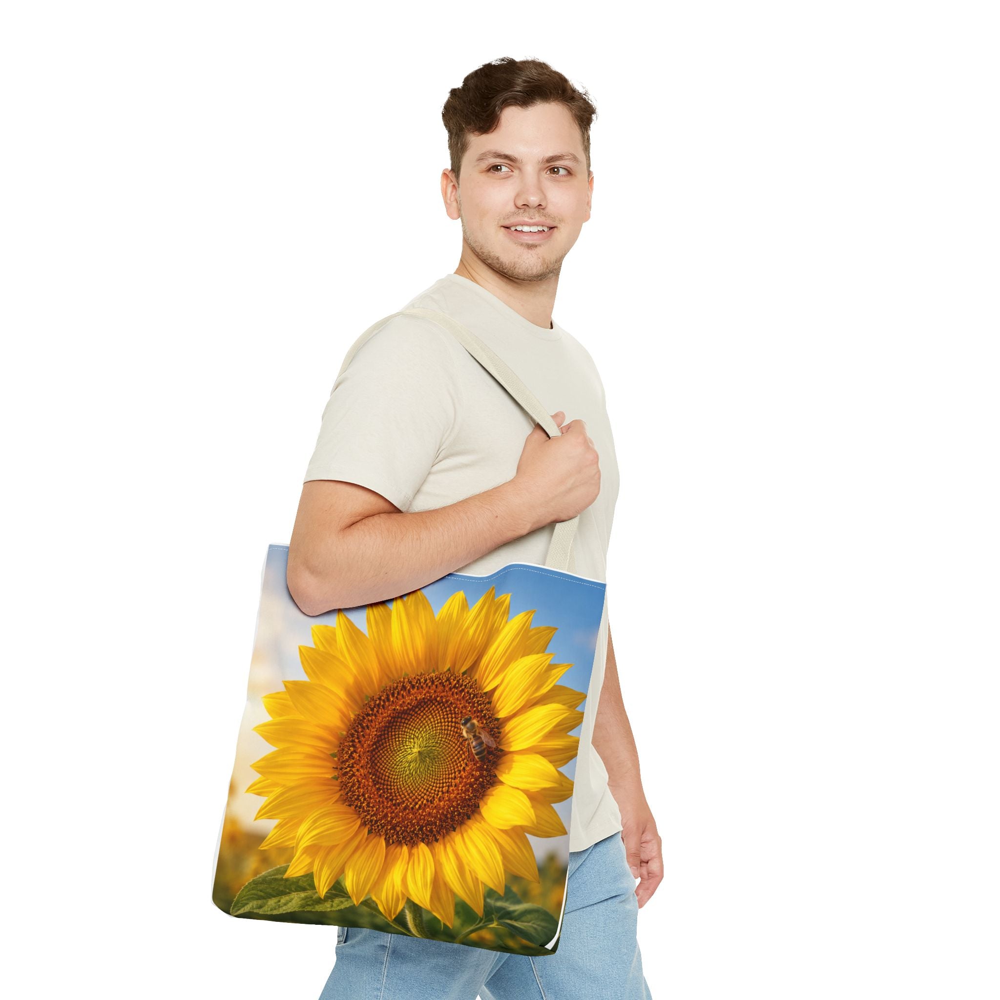 Sunflower with Bee Tote Bag, Sunflower Lovers Gift, Sunflower Grocery Bag, Beach Bag, Bright Floral Nature Print