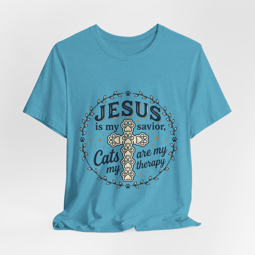 Jesus is my Savior Cats are my Therapy T-Shirt | Faith Cat Tee