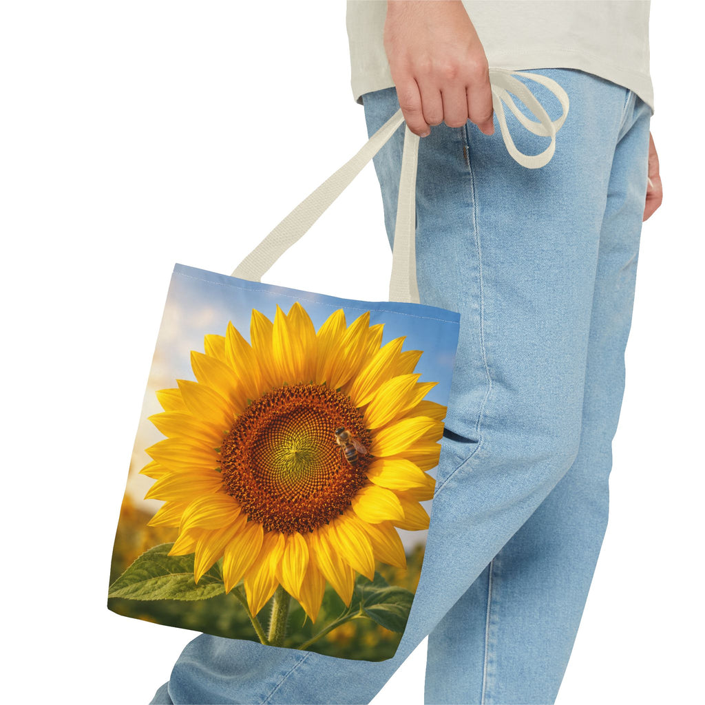 Sunflower with Bee Tote Bag, Sunflower Lovers Gift, Sunflower Grocery Bag, Beach Bag, Bright Floral Nature Print