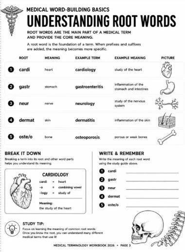 Medical Terminology Workbook, 100-Page Anatomy Study Guide (Digital Download)