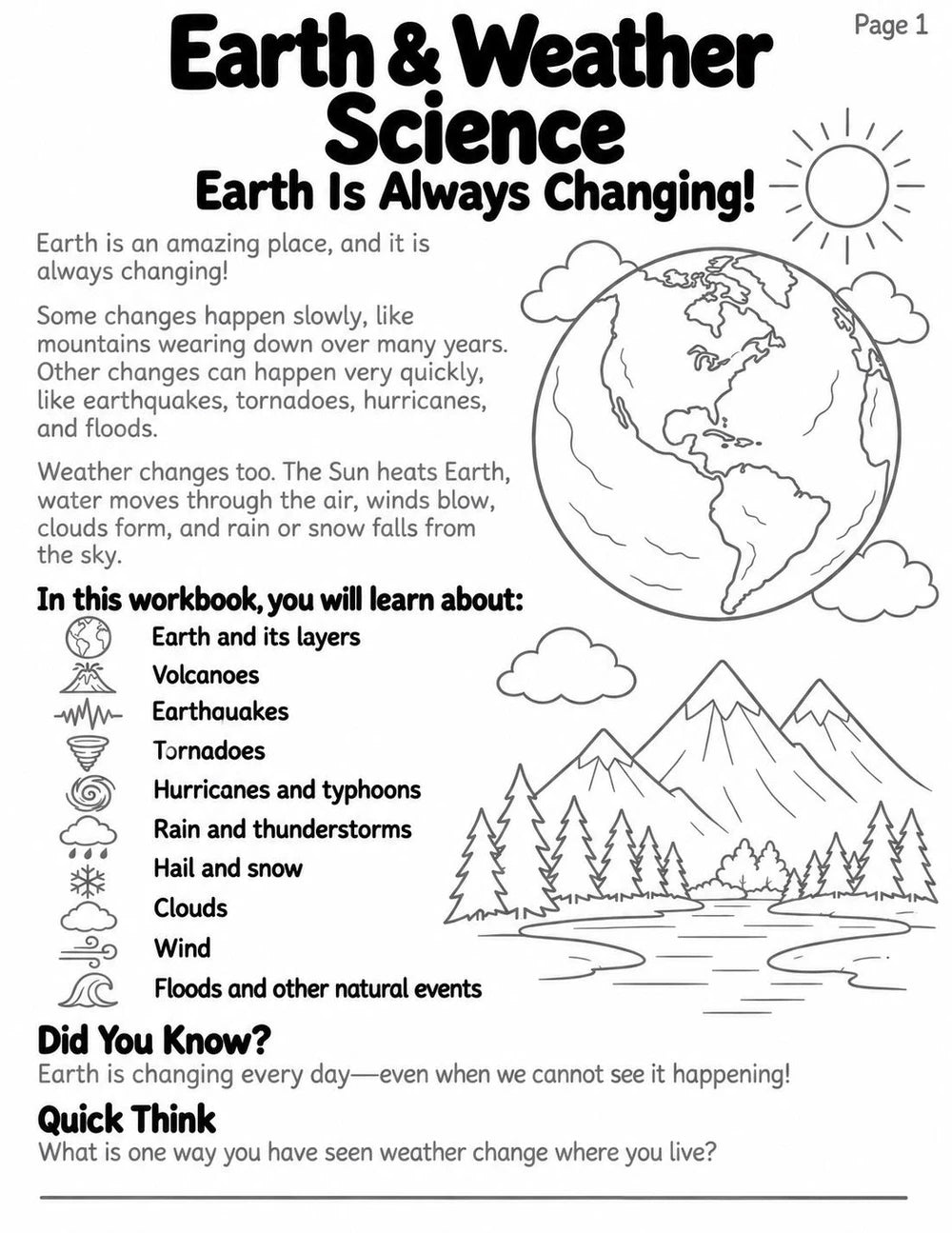 Earth Science Workbook Grades 3-5, Weather & Natural Disasters Activities, 50 Page Printable Science Worksheets, Homeschool