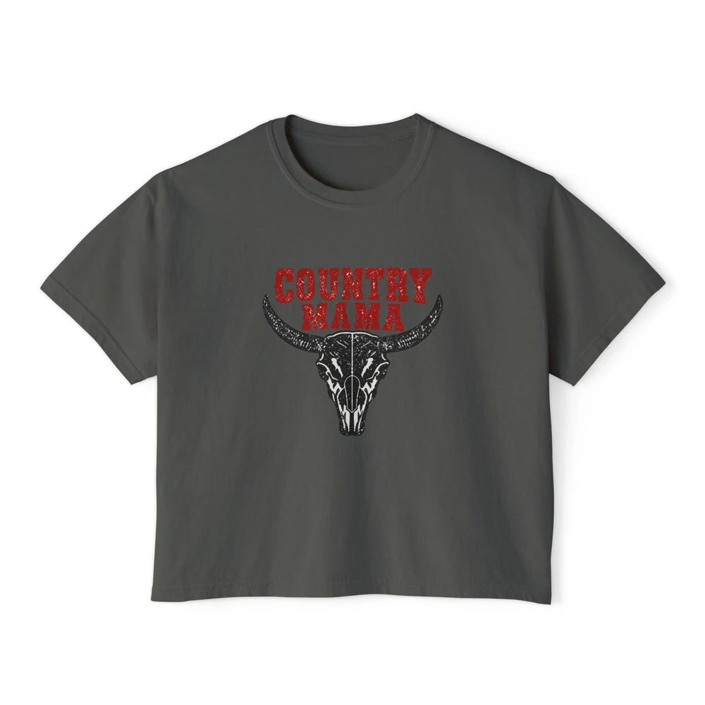Country Mama Longhorn Skull Crop Tee | Western Cowgirl Shirt | Farm Life Country Graphic Top