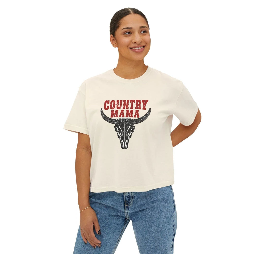 Country Mama Longhorn Skull Crop Tee | Western Cowgirl Shirt | Farm Life Country Graphic Top