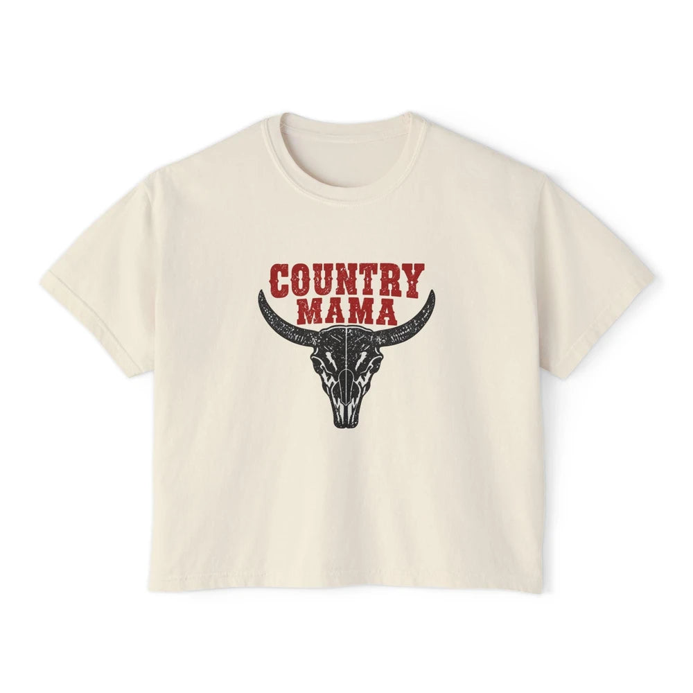 Country Mama Longhorn Skull Crop Tee | Western Cowgirl Shirt | Farm Life Country Graphic Top