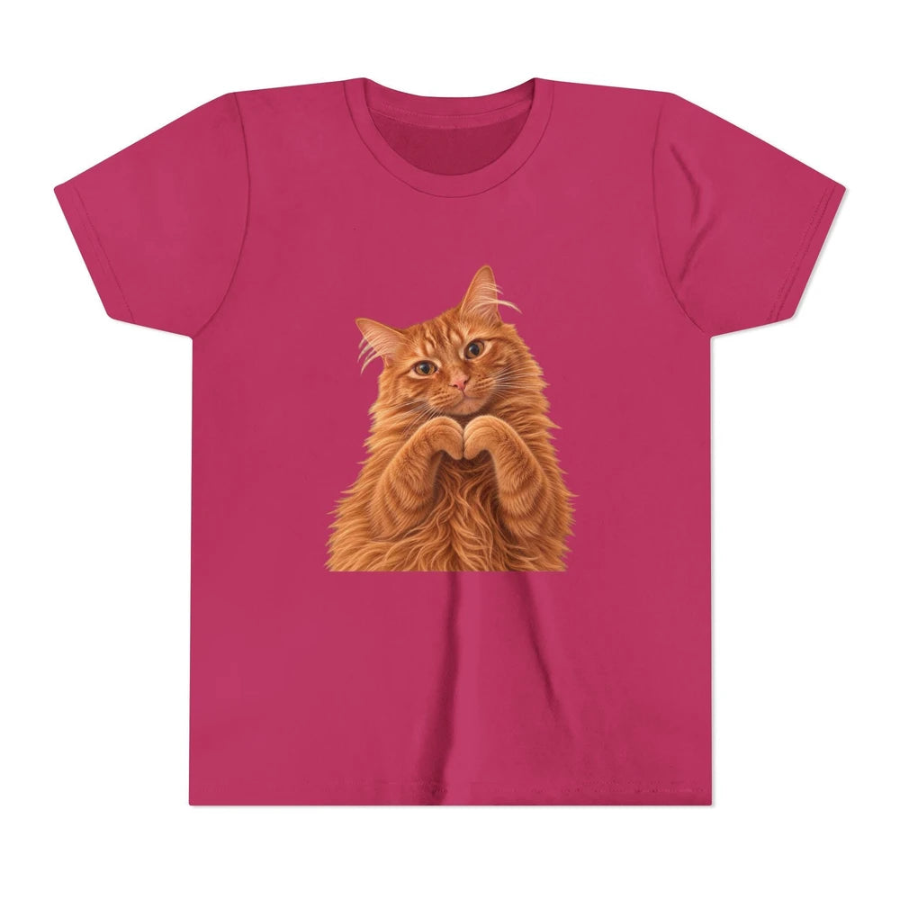 Ginger Cat Making Heart Paws Tee | Youth T-Shirt, Cute Cat Illustration, Girl's Gift