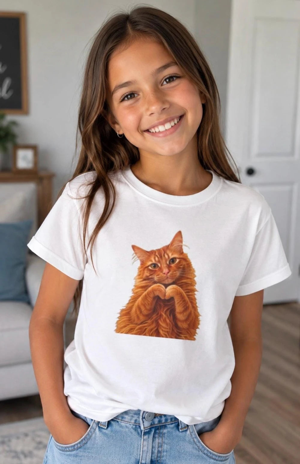 Ginger Cat Making Heart Paws Tee | Youth T-Shirt, Cute Cat Illustration, Girl's Gift