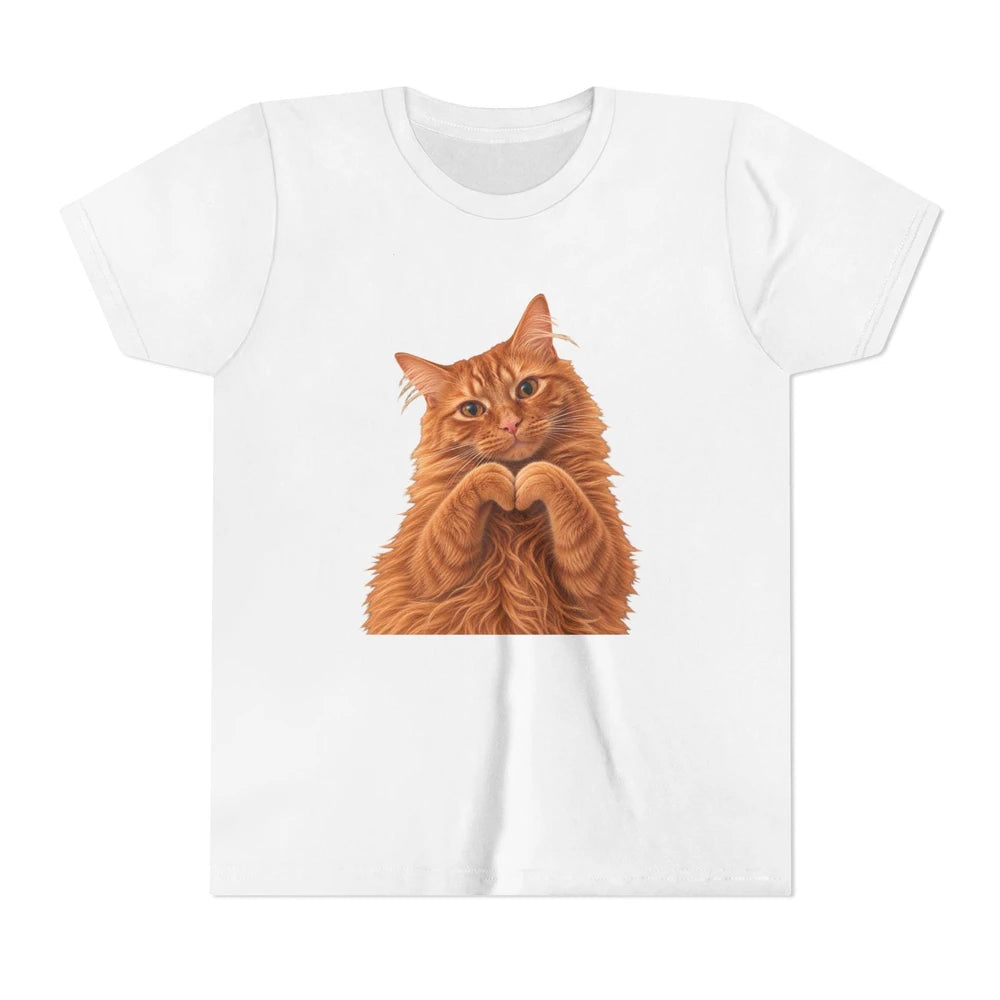 Ginger Cat Making Heart Paws Tee | Youth T-Shirt, Cute Cat Illustration, Girl's Gift