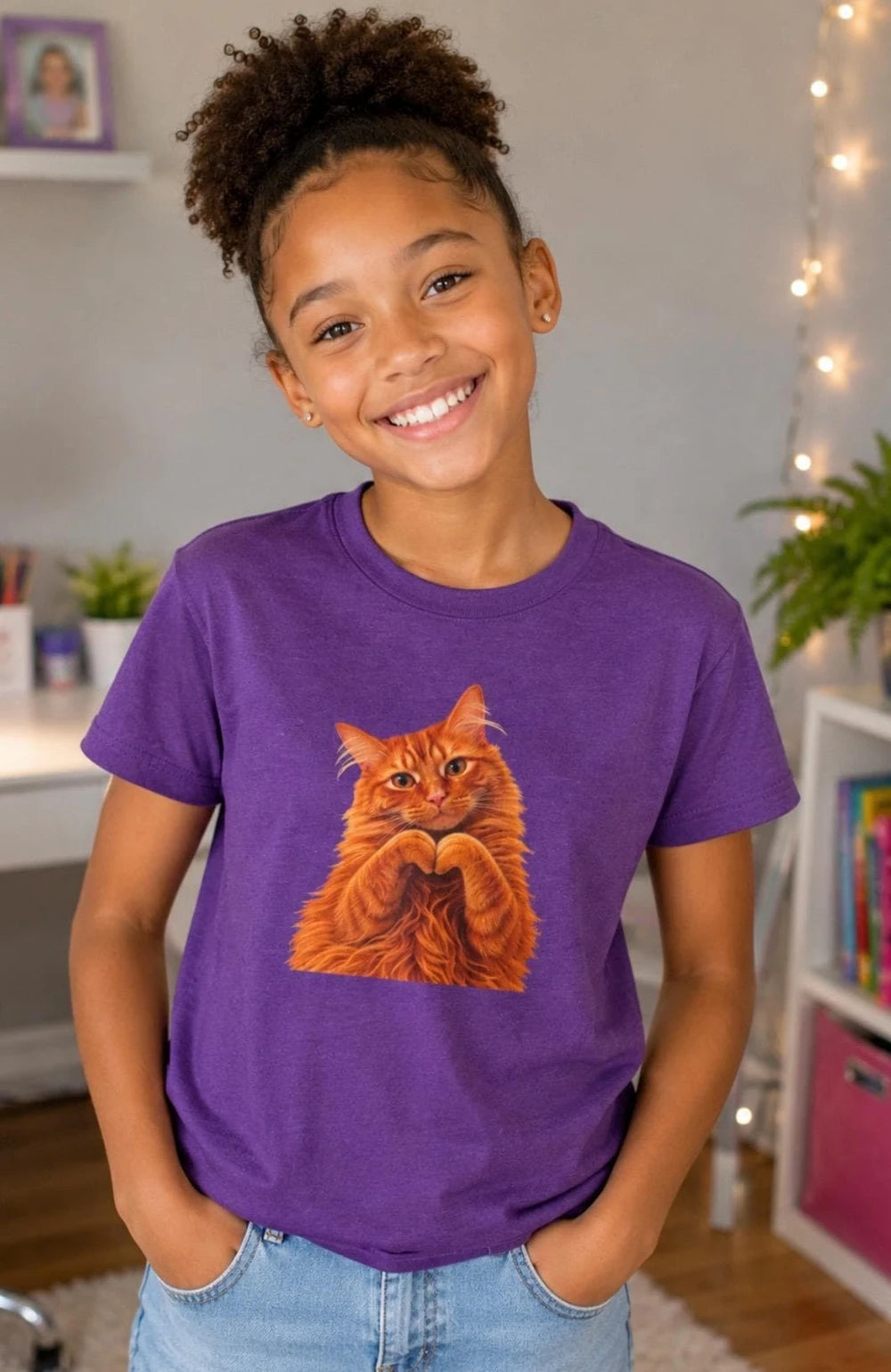 Ginger Cat Making Heart Paws Tee | Youth T-Shirt, Cute Cat Illustration, Girl's Gift