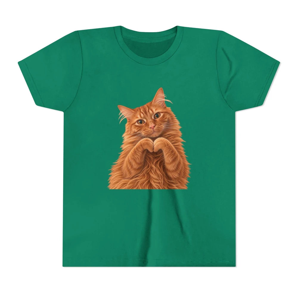 Ginger Cat Making Heart Paws Tee | Youth T-Shirt, Cute Cat Illustration, Girl's Gift
